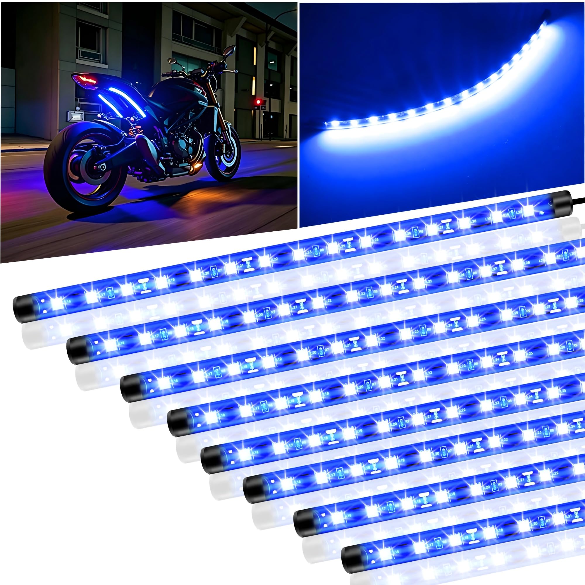 8 Pcs Car Led Light Strip IP67 Waterproof 11" Flexible Led Lights Underglow 12V for Car Motorcycle Boat Golf Cart Interior Exterior Decoration - Blue