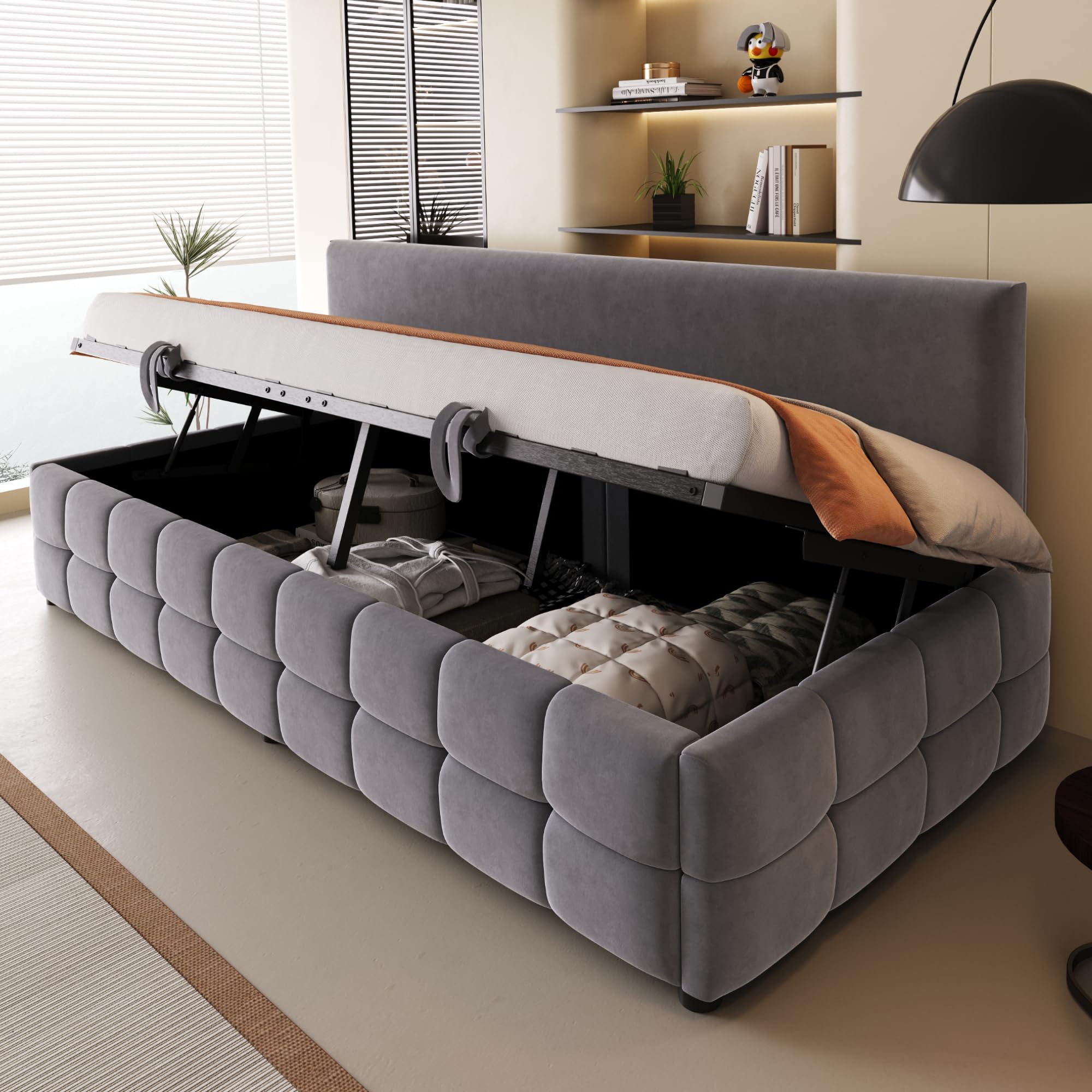 Divano Letto Imbottito 90X200cm con Contenitore Idraulico, Letto Singolo Tessuto in Velluto, Rete a Doghe, Mobili Imbottiti Sofa Bed per Soggiorno, Camera da letto o Ufficio, Grigio scuro