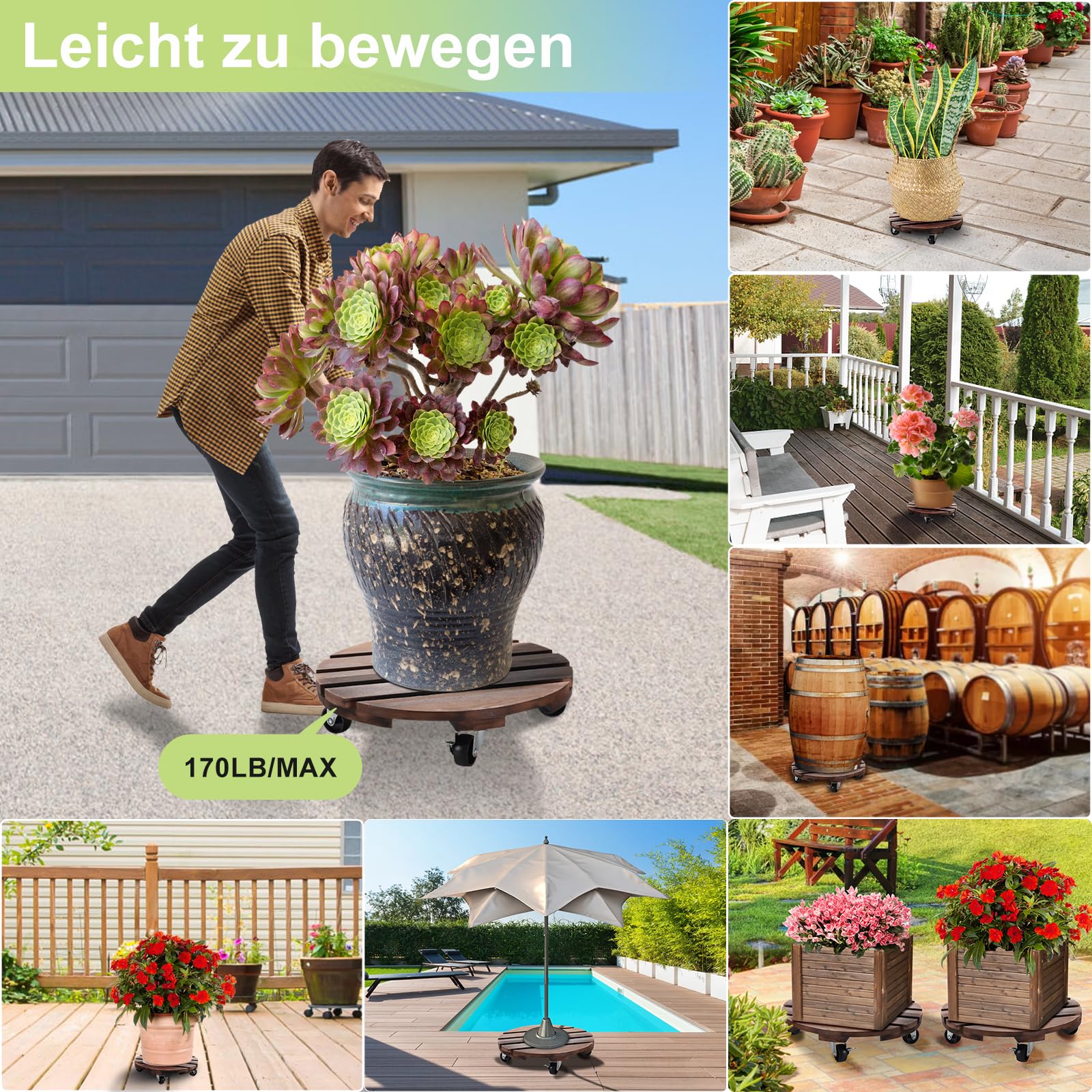 HOHY Chariot pour plantes d'extérieur résistant aux intempéries 2 x 30 cm avec roues pivotantes 360°