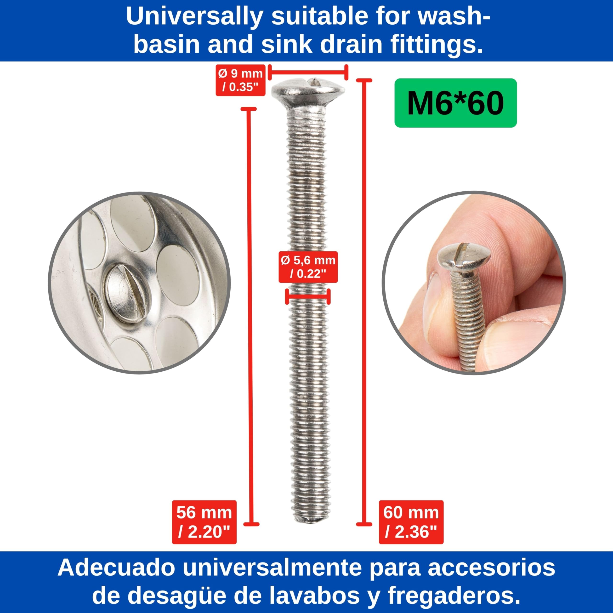 Vite di montaggio di ricambio M6x60 per valvola di scarico del lavello, utilizzabile universalmente per Ø 62,5 mm - 1 1/4 di pollice e 70 mm - 1 1/2 di pollice, acciaio inossidabile SS201, viti