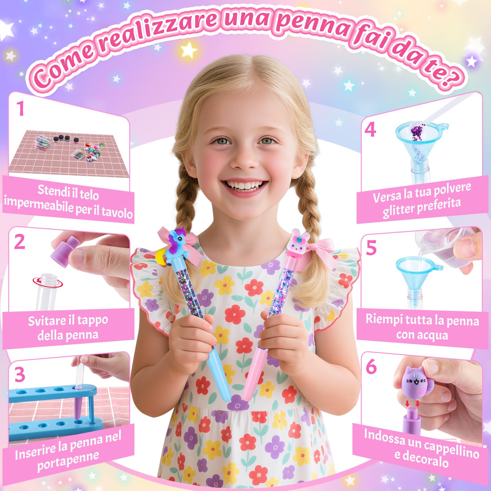 Kazzley Laboratorio delle Penne 73+ Pezzi, Fabbrica delle Penne crea 20 Penne Glitter, Lavoretti Creativi per Bambini 5-12 Anni, idee Regalo per Bambina 6 7 8 9 10 Anni per Feste di Compleanno