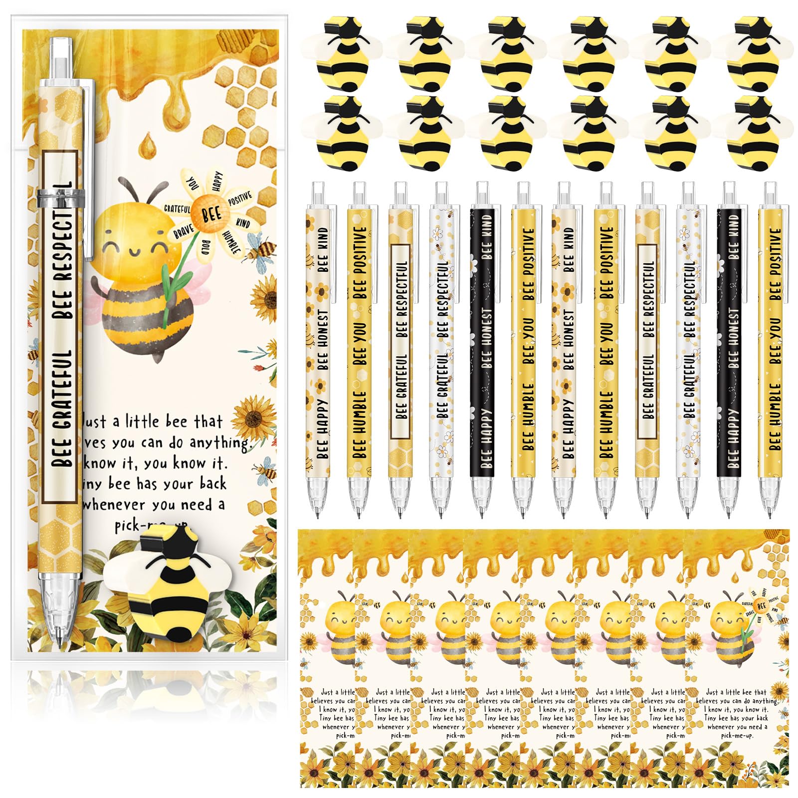AmazingSpark 60 Sets Inspirational Gifts Bee Pencils Bulk 6 Styles 0.7 mm Mechanical Pencils with Erasers Positive Cards for Social Worker Volunteer