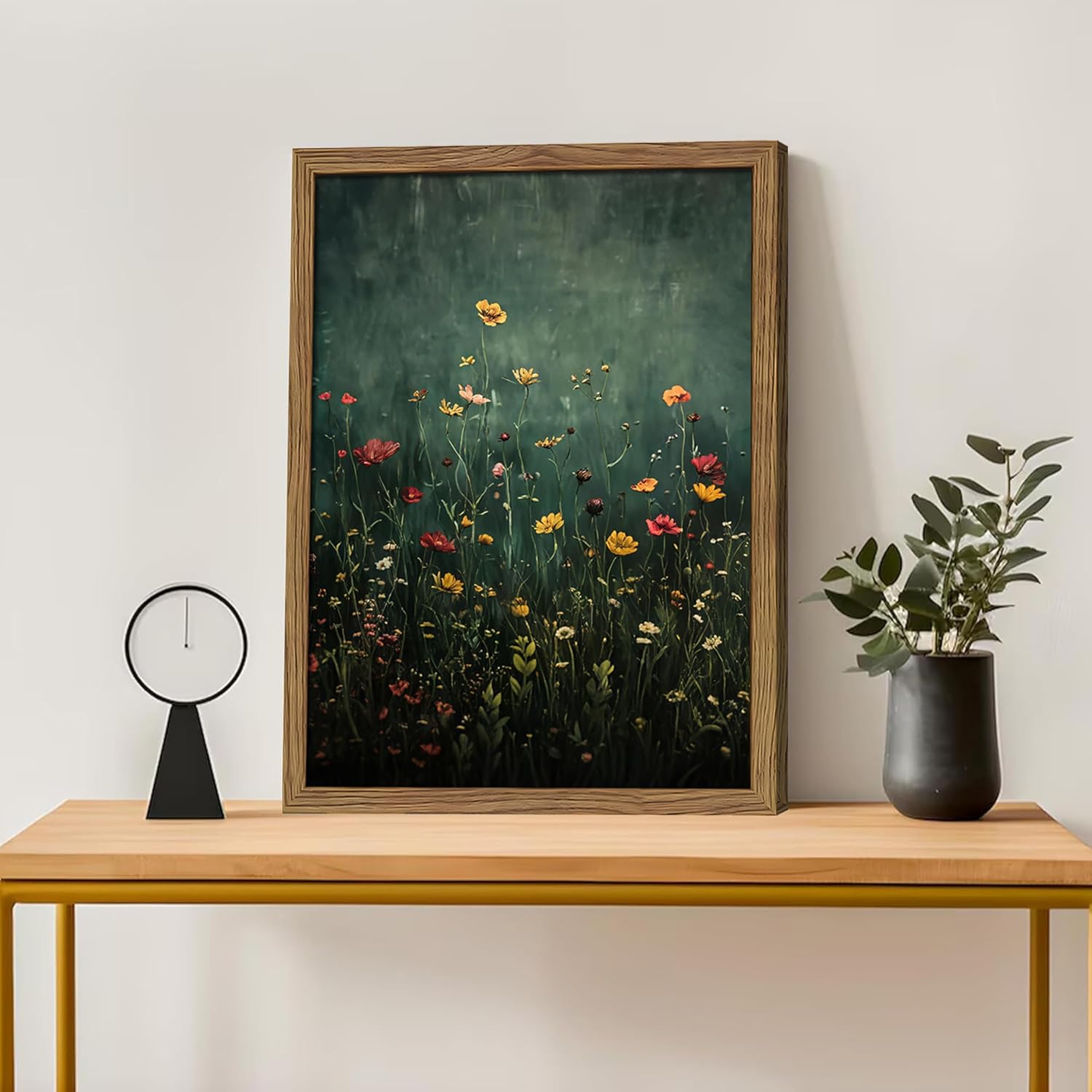 Wildflower Field Framed Wall Art, Vintage Botanical Flower Wall Decor, Modern Farmhouse Floral Canvas Art, Green Field Landscape Pictures Artwork for Living Room Bedroom – 12x16 inch