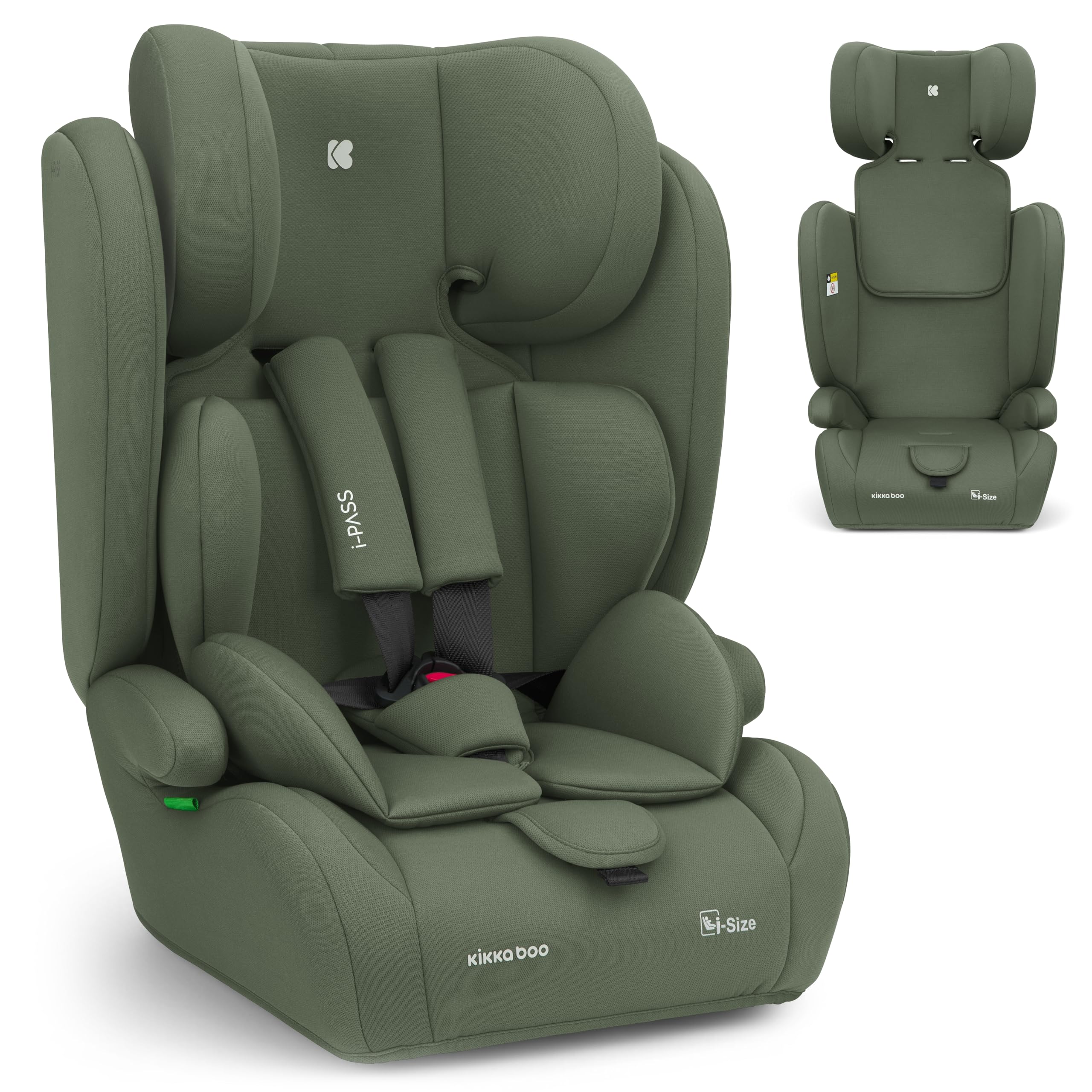 KikkaBoo i-PASS Seggiolino auto 9-36 kg senza ISOFIX, Gruppo 1 2 3 per bambini da 15 mesi a 12 anni, i-Size, altezza 76-150 cm, poggiatesta regolabile a 13 posizioni, Verde militare