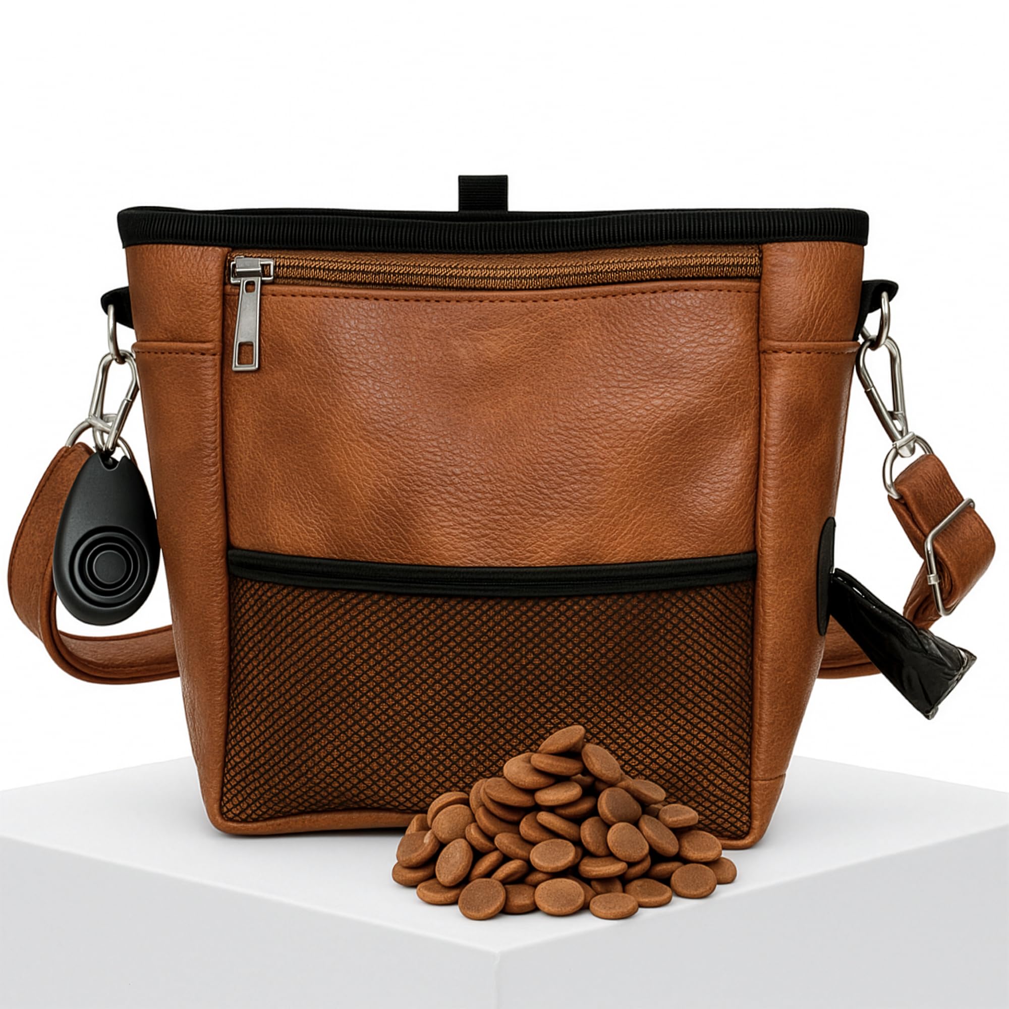 Large Dog Treat Pouch PU Leather with Clicker, Magnetic Clasp, Fits All Phones, 4 Cups, Hands-Free Pouches for Dog Training Treat Pouch, Built in Poop Bag Holder