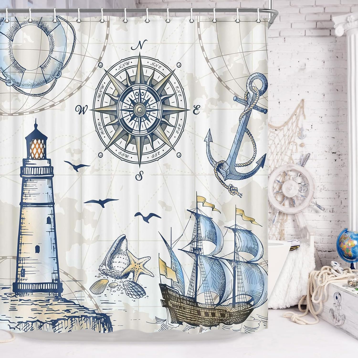 Jipusai Nautical Theme Shower Curtain Sets for Bathroom, Retro Sailboat Lighthouse Compass Anchor Bath Curtains, Fabric Navy Blue Bathtub Decor