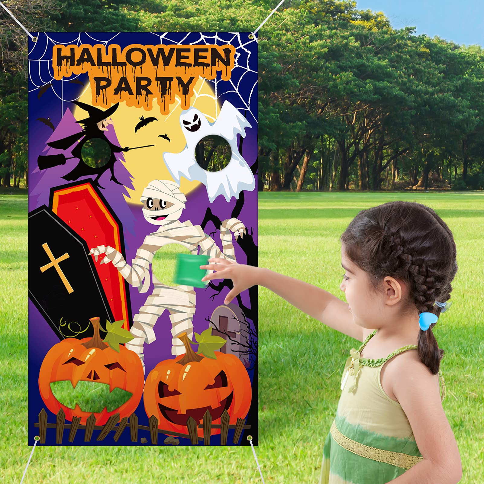 YARNOW Halloween Games Halloween Party Toss Game Set Toss Game Banner with 4 Bean Bags Carnival Bean Bag Throwing Kit Party Supplies