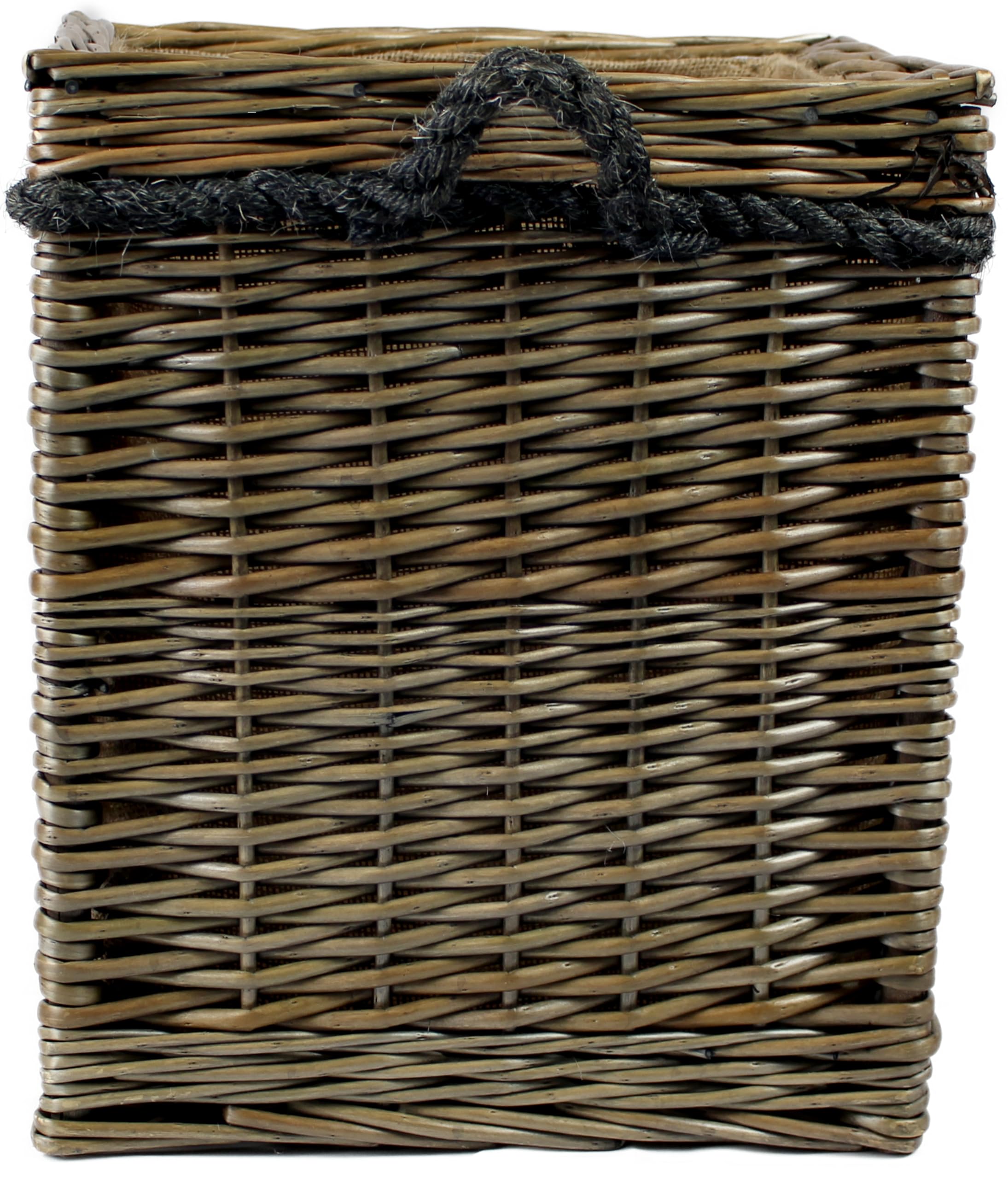 Grande cesto per legna in vimini grigio anticato, manici in corda, contenitore per legna e legna per camino, o scarpe, giocattoli, biancheria (35 litri, quadrato)