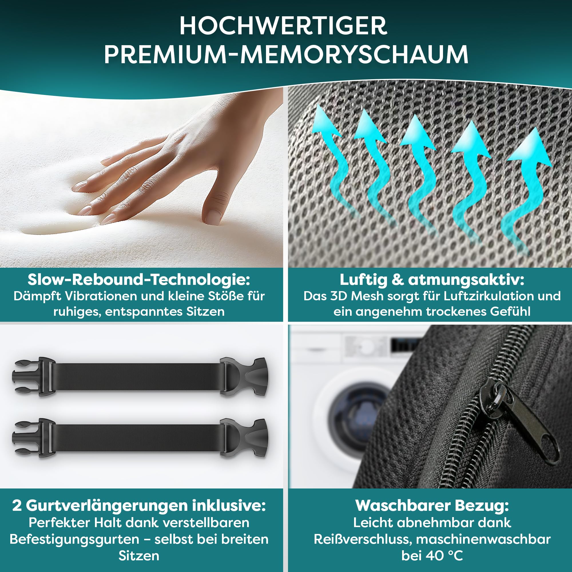 Rückenkissen – Ergonomische Lordosenstütze aus Memory Foam – Für mehr Sitzkomfort zuhause, im Büro & unterwegs –Schwarz- Auto Version