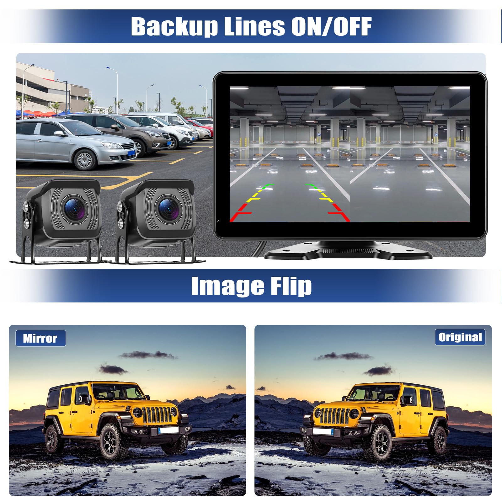 Caméra de Recul Moniteur avec 4 Caméras Kit Filaire, IPS 10,1 Pouces 4K DVR avec BSD, étanche IP68, Enregistrement, Surveillance du Stationnement pour Camions/Remorque/Camping-Car