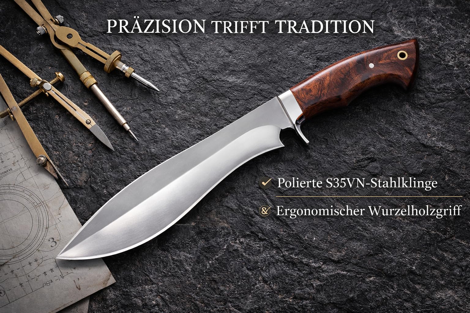 Handmade hunting knife, 26 cm blade made of real Damascus steel, rosewood handle, 39 cm overall length, real leather sheath. (Bowie-3)