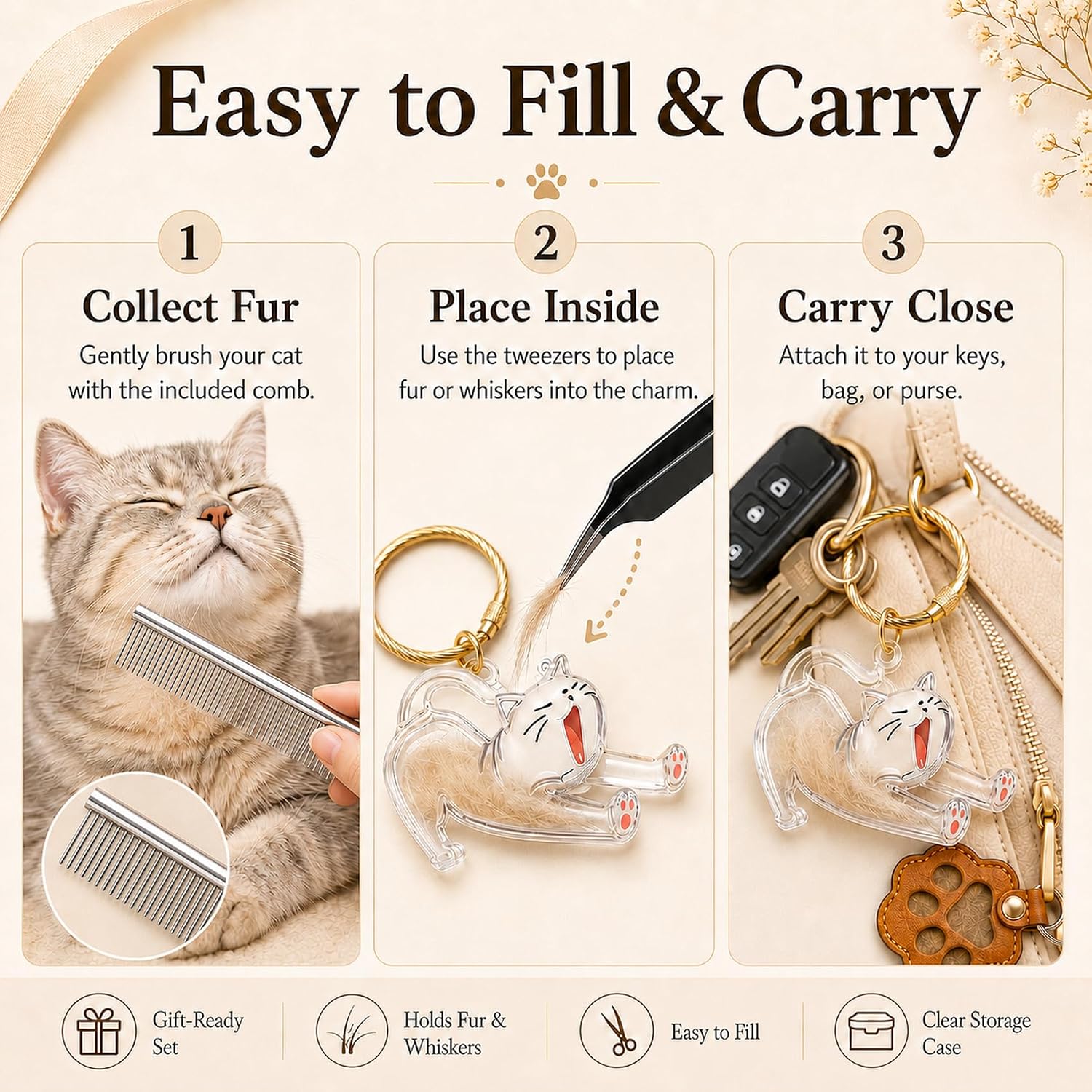 Cat Hair Keychain Keepsake Set, 3 Cat Fur Keepsake Charms for Fur/Whiskers with Pet Comb, Tweezers, 2 Heart Keyrings, Clear Storage Case, Furever Gift for Pet Lovers