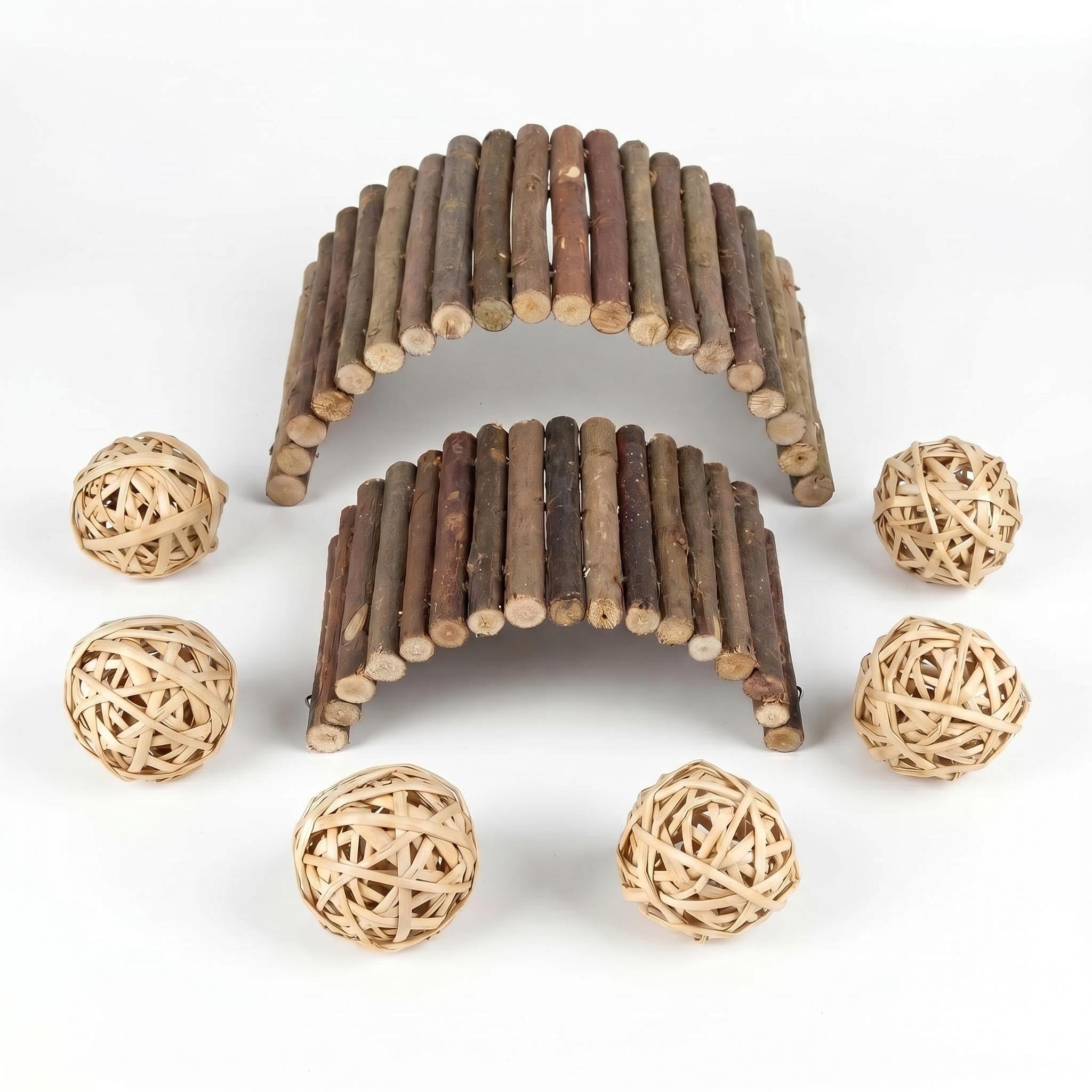 SINJAETRQ 8PCS Wooden Hamster Toys Set, Bendable Bridge and Rattan Balls, Guinea Pig Toys for Chewing and Climbing, Small Animal Hideout, Hamster Accessories for Gerbil, Mice, Rat