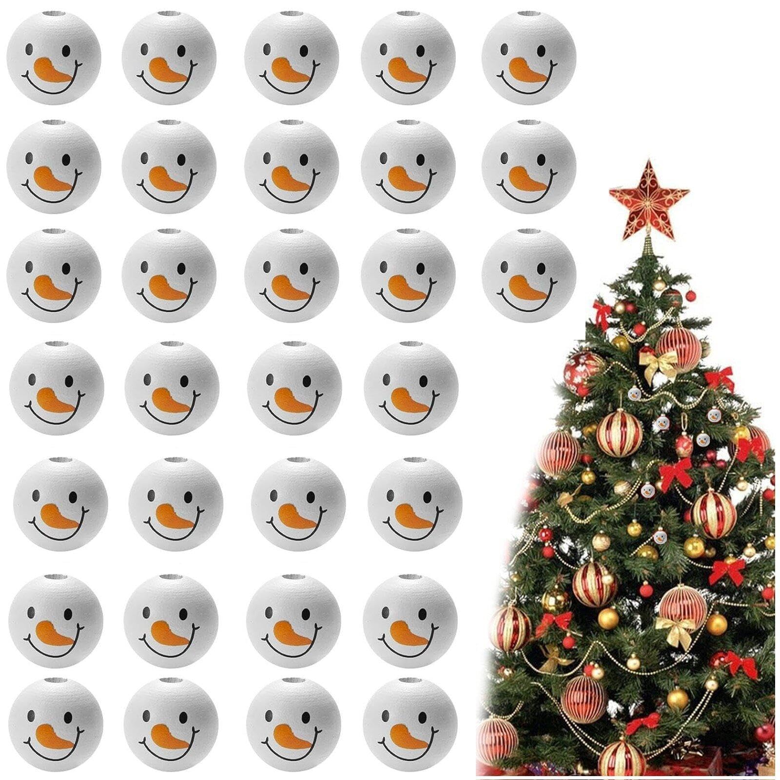 Luxylei 30pcs Wooden Beads Snowman Smile Face Wood Round Ball with Hole Christmas Snowman Head Beads for Diy Craft Art Jewelry Making 20mm