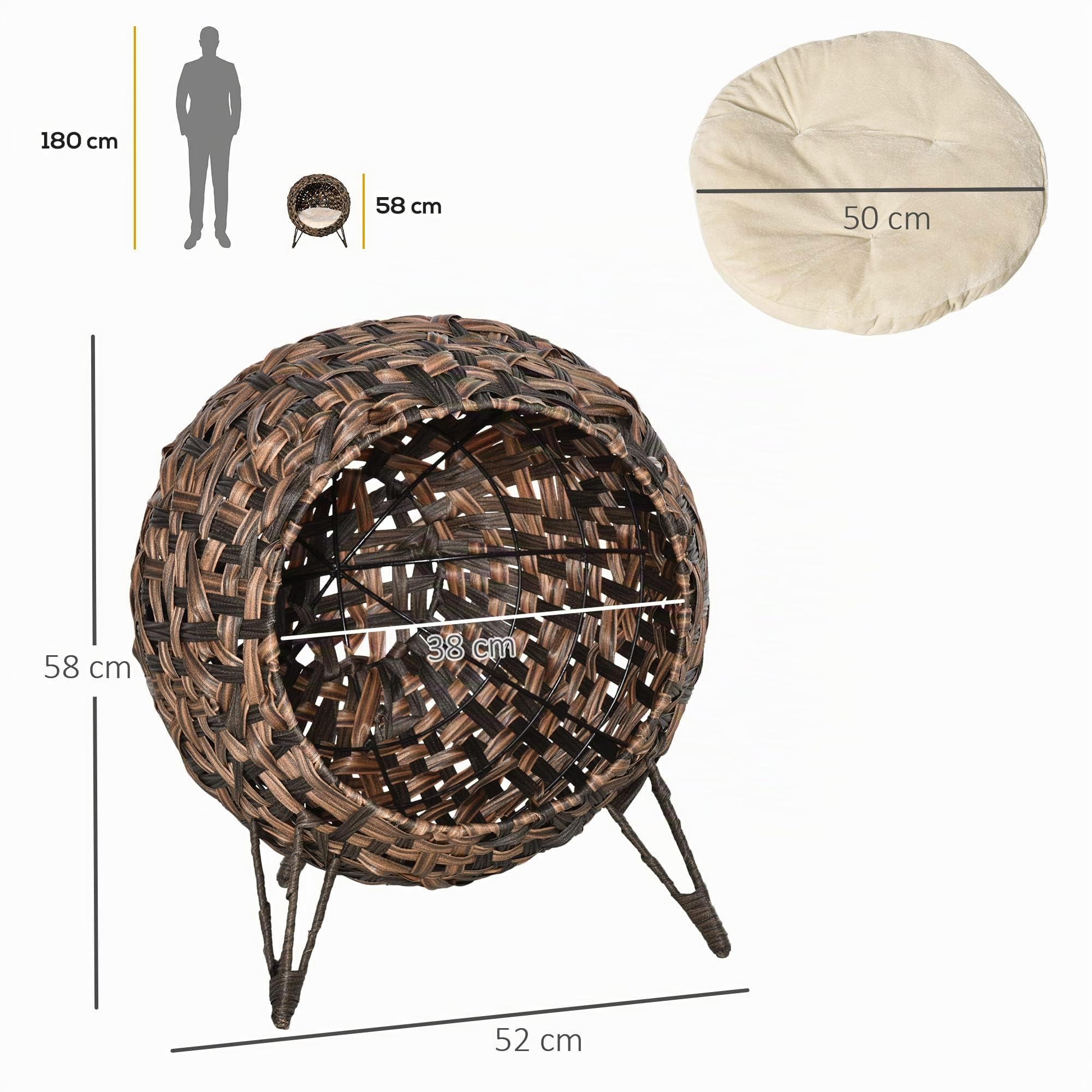 PawHut Cama tejida para gato 52cm con cojín, Marrón | Casa para gatito elevada de hoja de plátano trenzada a mano