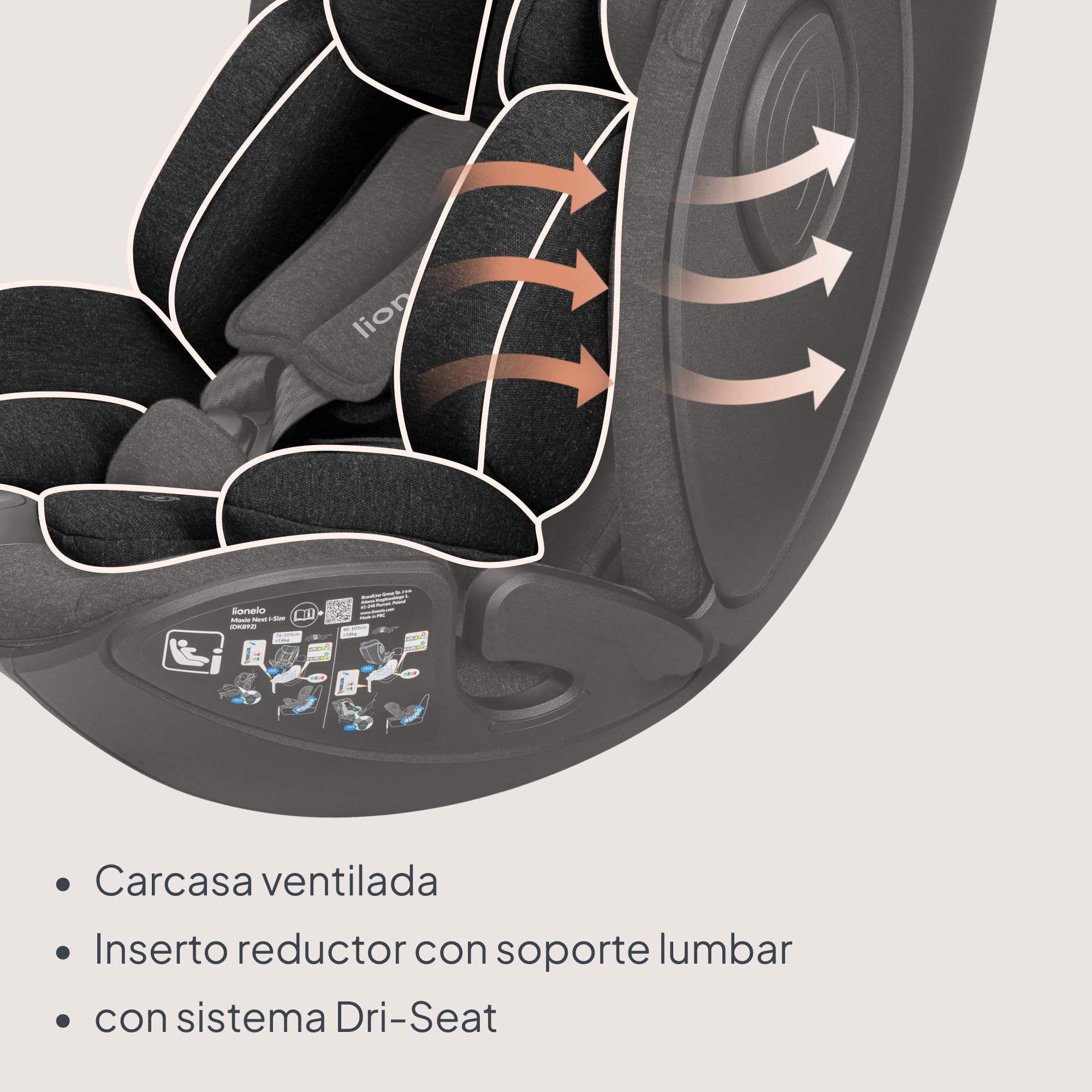 Lionelo Moxie Next i-Size Silla de Coche Para Niños Aprox. 0-4 Años (40-105 Cm), 0-18 Kg, Instalación Sobre Base Giratoria 360°, Protección Lateral SIP, Ajuste Del Reposacabezas Y De La Inclinación