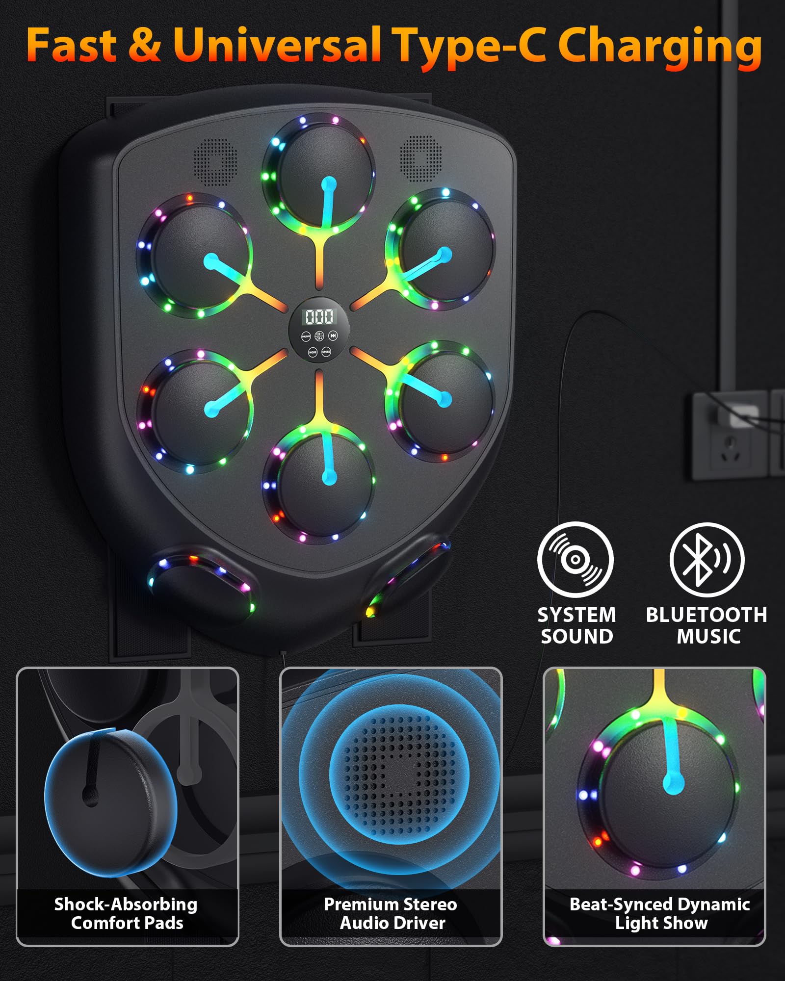 Machine de Boxe Musicale, 2025 Nouvelle LED Boxe Mural Musique avec Gants de Boxe, Mode Bluetooth, 9 Modes de Vitesse et d'entraînement, Mode de Comptage, Music Boxing Machine pour Adultes