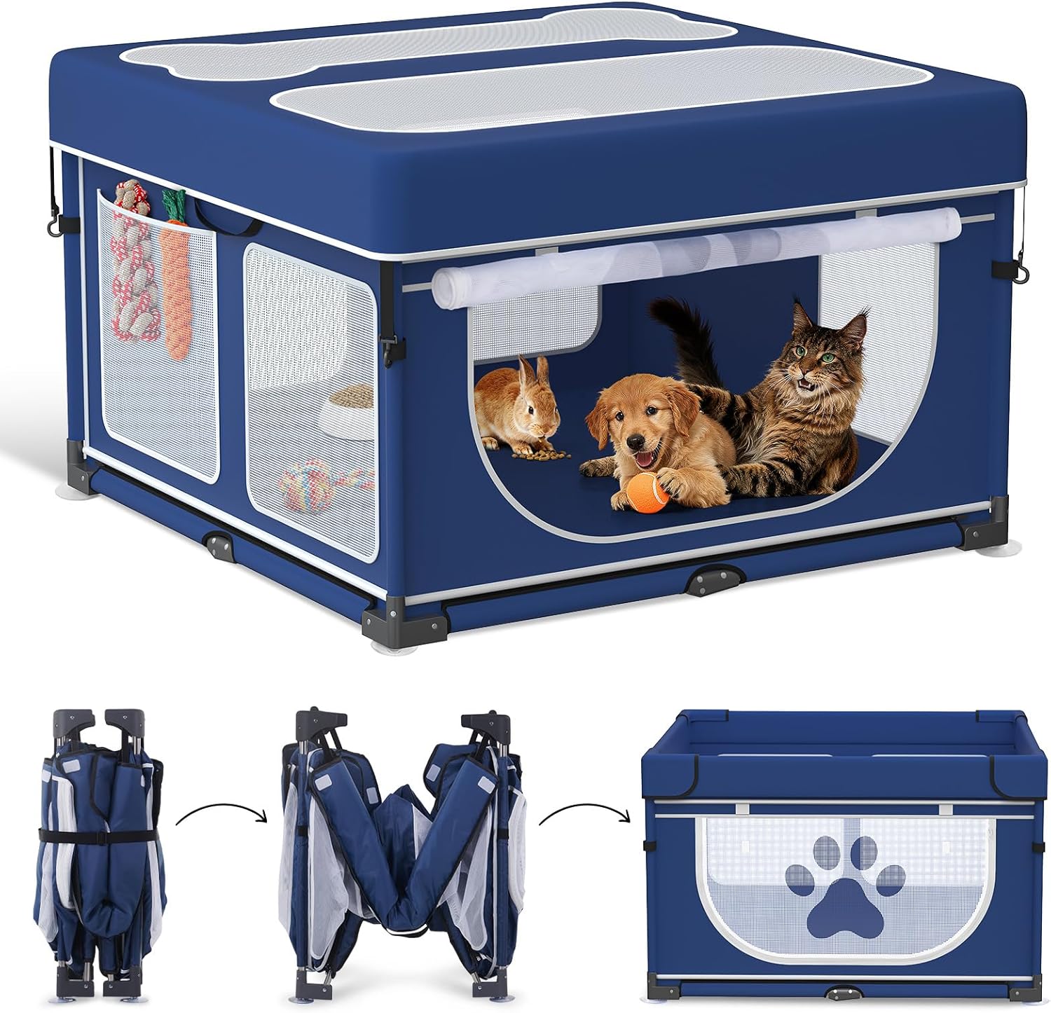 LOOBANI Foldable Dog Playpen with Cover: 1 Min Setup Pet Puppy Playpen Indoor, Sturdy Reinforced Steel/Iron Frame Dog Fence, Portable Whelping Box for Home Dog Cat Rabbit-43.3"x43.3"x27.1"