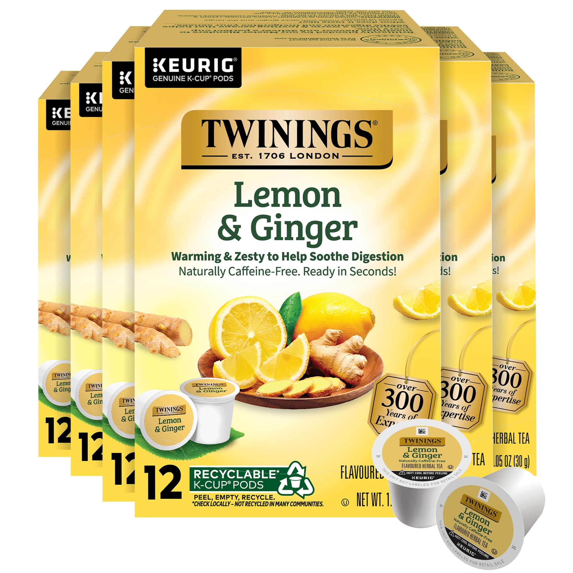 Twinings Lemon & Ginger Herbal Tea 72 K-Cup Pods for Keurig, 12 Count (Pack of 6), Tangy & Spicy, Naturally Caffeine-Free, Enjoy Hot or Iced