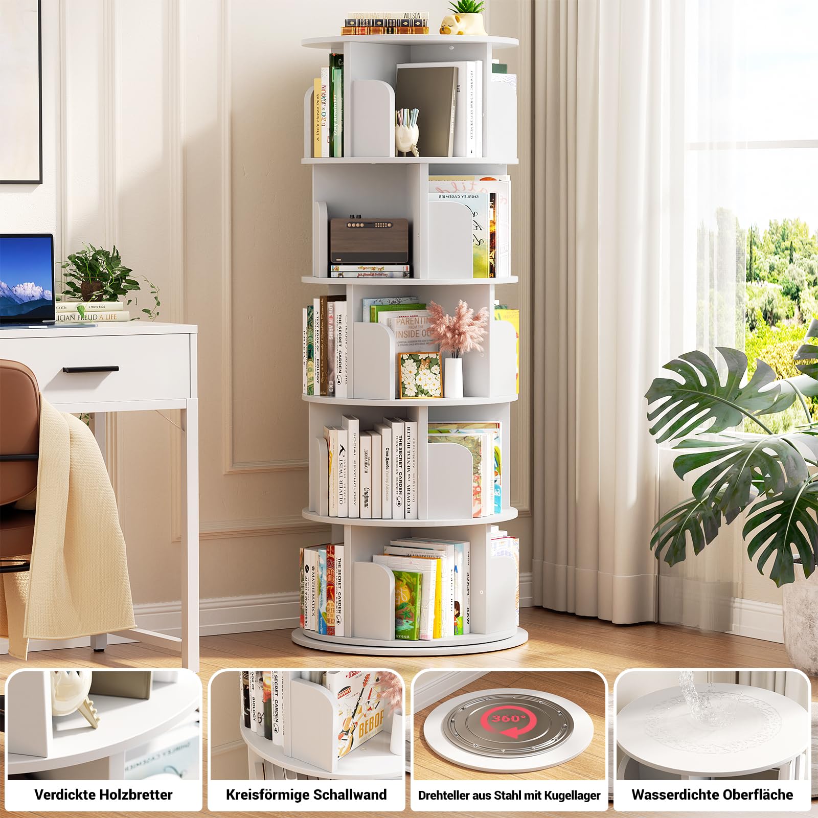 iSunirm 5-stöckiges drehbares Bücherregal, drehbarer Bücherregalturm aus Holz, rundes, um 360 Grad drehbares Bücherregal, Eck-Organizer für kleine Räume, Schlafzimmer, Büro, weiß