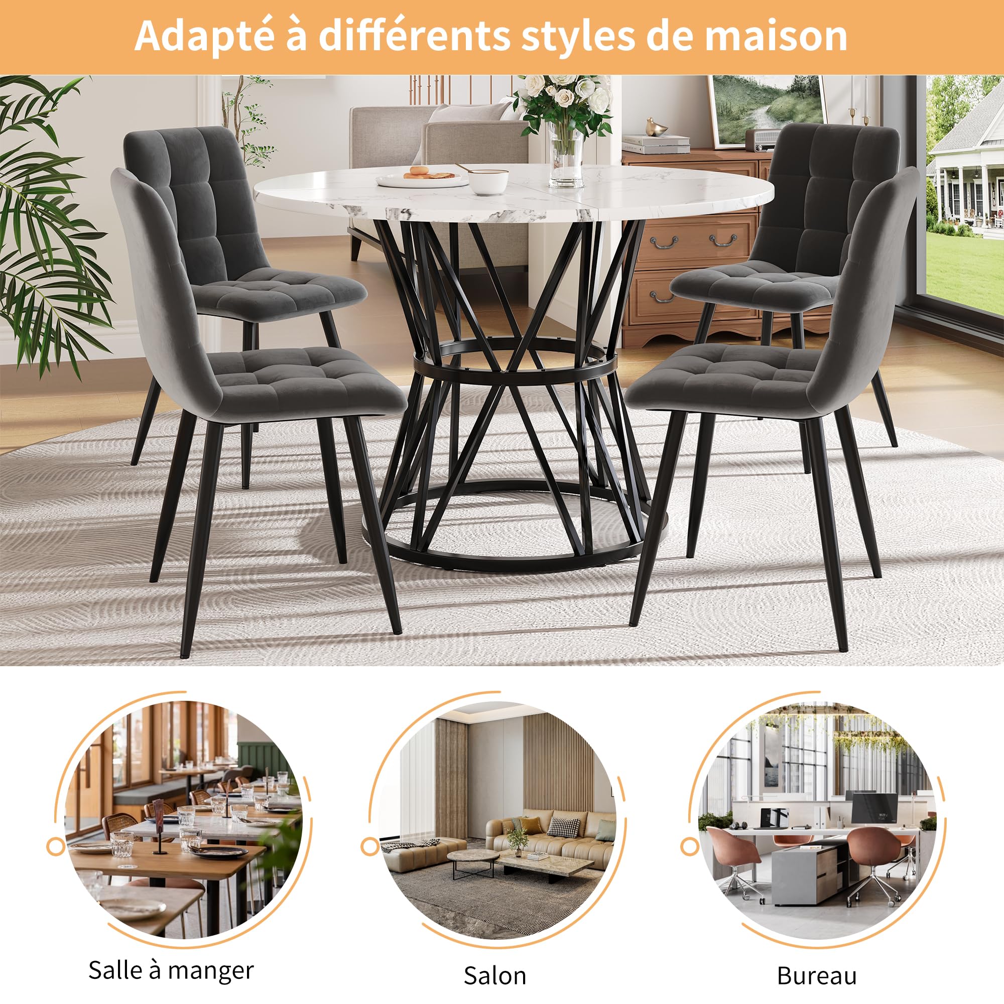 ModernLuxe Table à Manger Ronde 100×100 cm, Plateau MDF Imitation marbre Noir, Table Cuisine Design 4 Personnes, Salon et Salle à Manger Moderne
