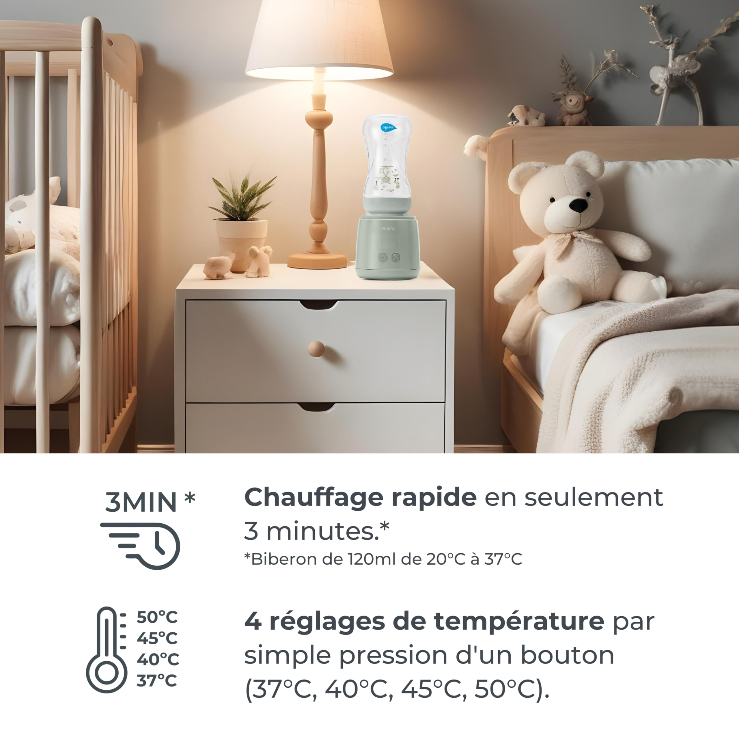 Nuvita 1163 Warm’n’Mix Chauffe-biberon Portable à batterie avec Fonction de Chauffage et de Mélange – Chauffage Rapide en 3 Minutes, 4 Réglages de Température, Compatibilité Universelle avec 6 Adaptat