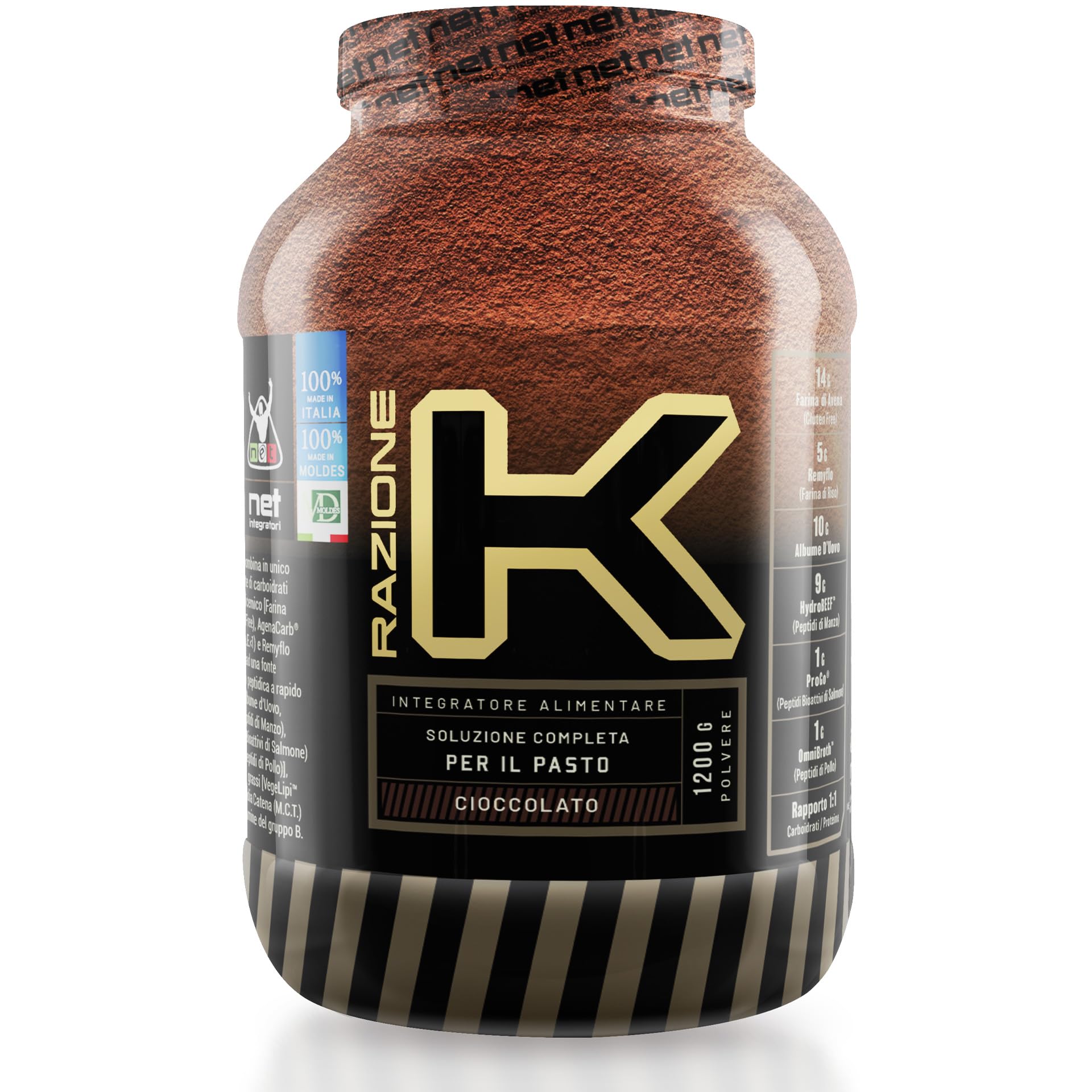 Net Integratori RAZIONE K - 1200g Cioccolato - Soluzione Completa Proteine e Carboidrati in rapporto 1:1 - Ricco di BCAA e EAA Aminoacidi Essenziali per lo Sviluppo di Massa Muscolare