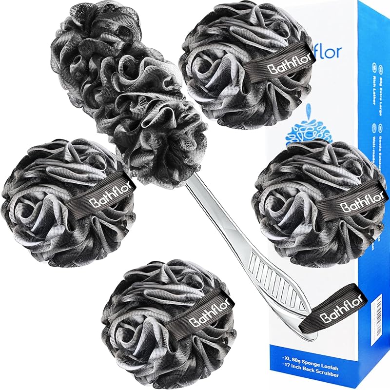 Kit de Buchas de Banho Bathflor com 5 Unidades, Bucha Corporal e Esponja para Costas com Cabo