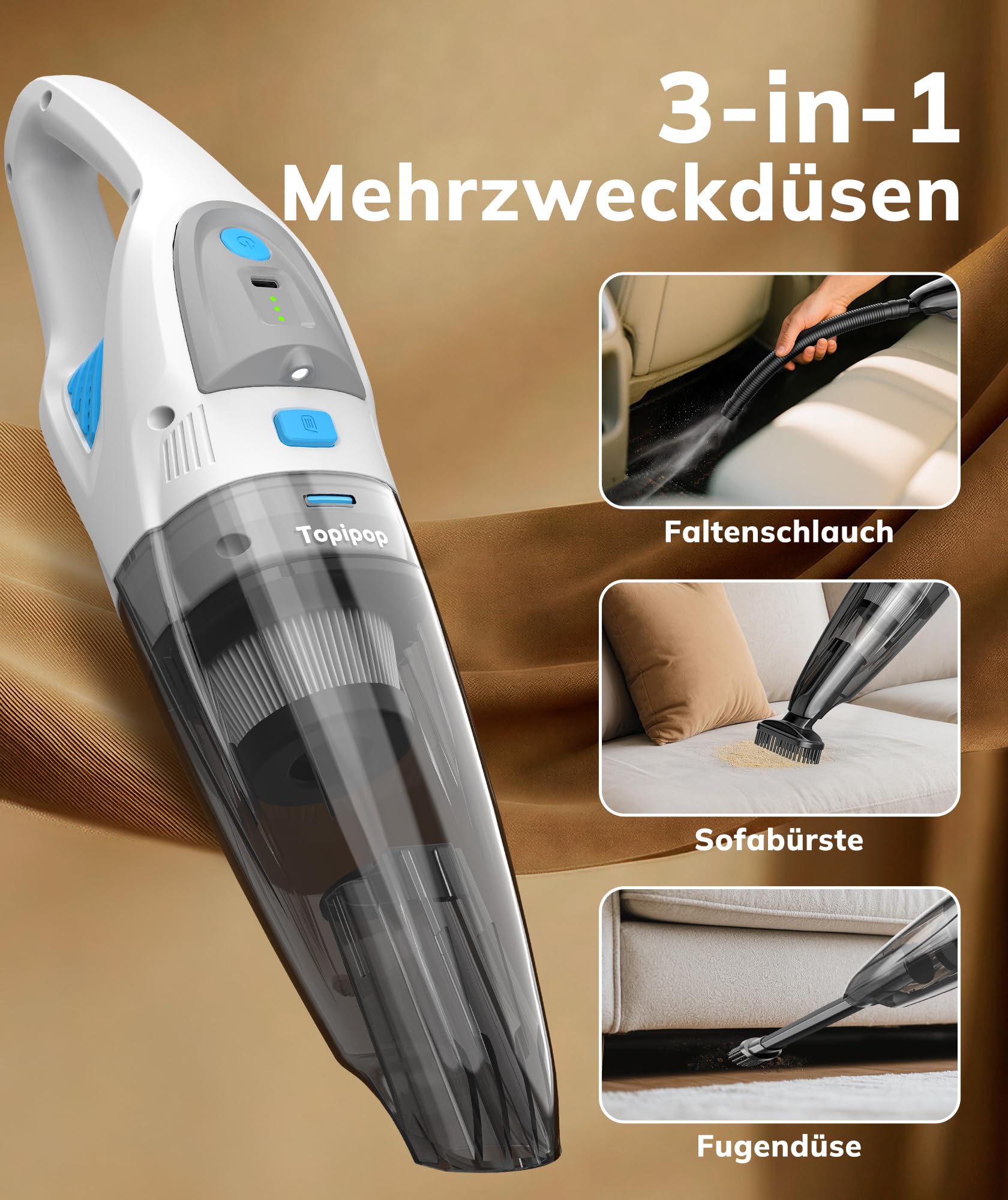 Topipop Aspirabriciole Senza Fili,Aspirapolvere Auto con Potenza di Aspirazione Elevata di 25KPa,Handheld Vacuum Cleaner Portatile con Filtro HEPA per Leggero per Peli di Animali,Tappeti,Casa (Nero)