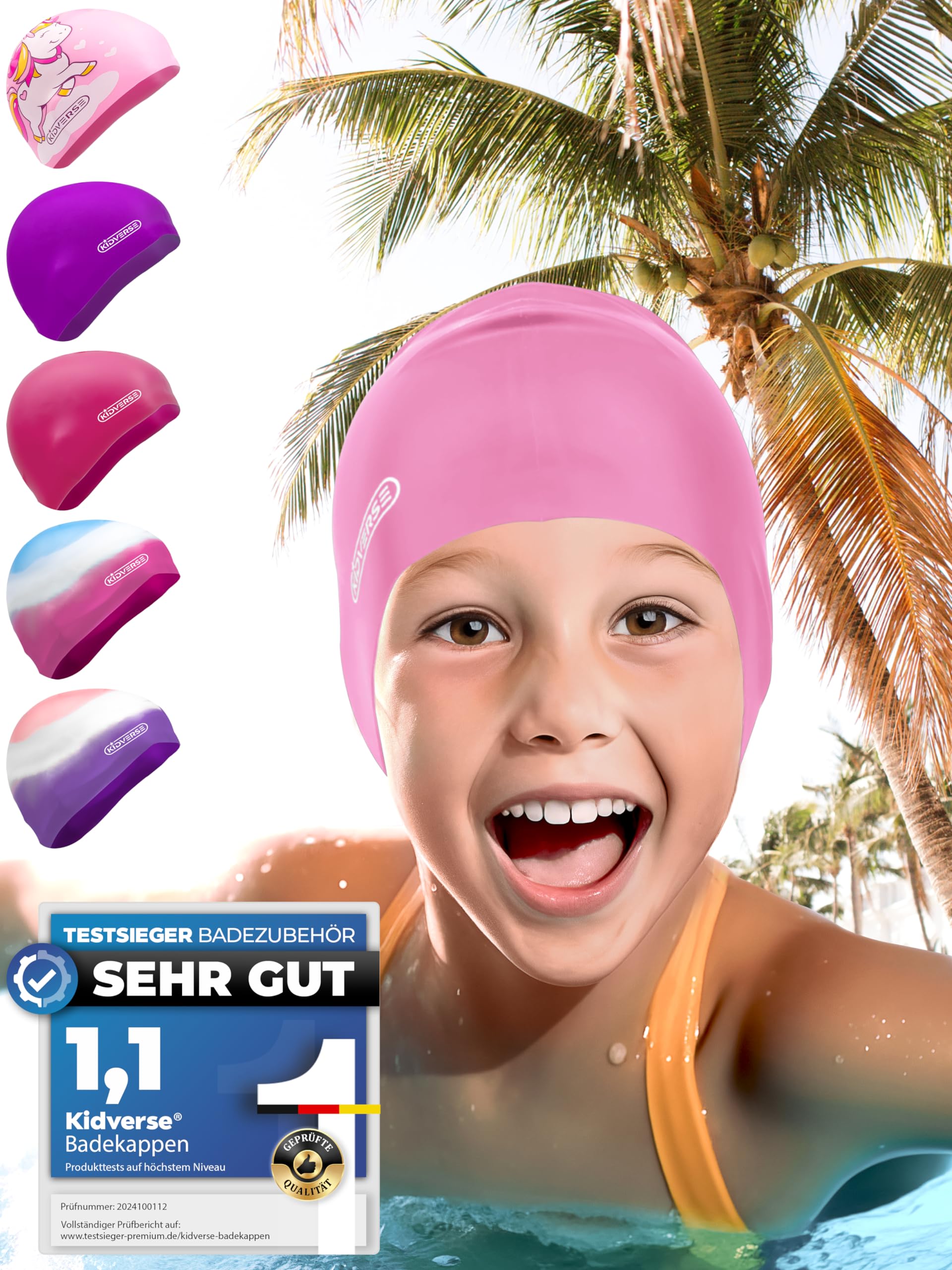 KIDVERSE Badekappe Mädchen - Wasserdichte Badekappe mit Anti-Rutsch-Noppen - Schwimmhaube mit UV-Schutz - 100% Reißfest