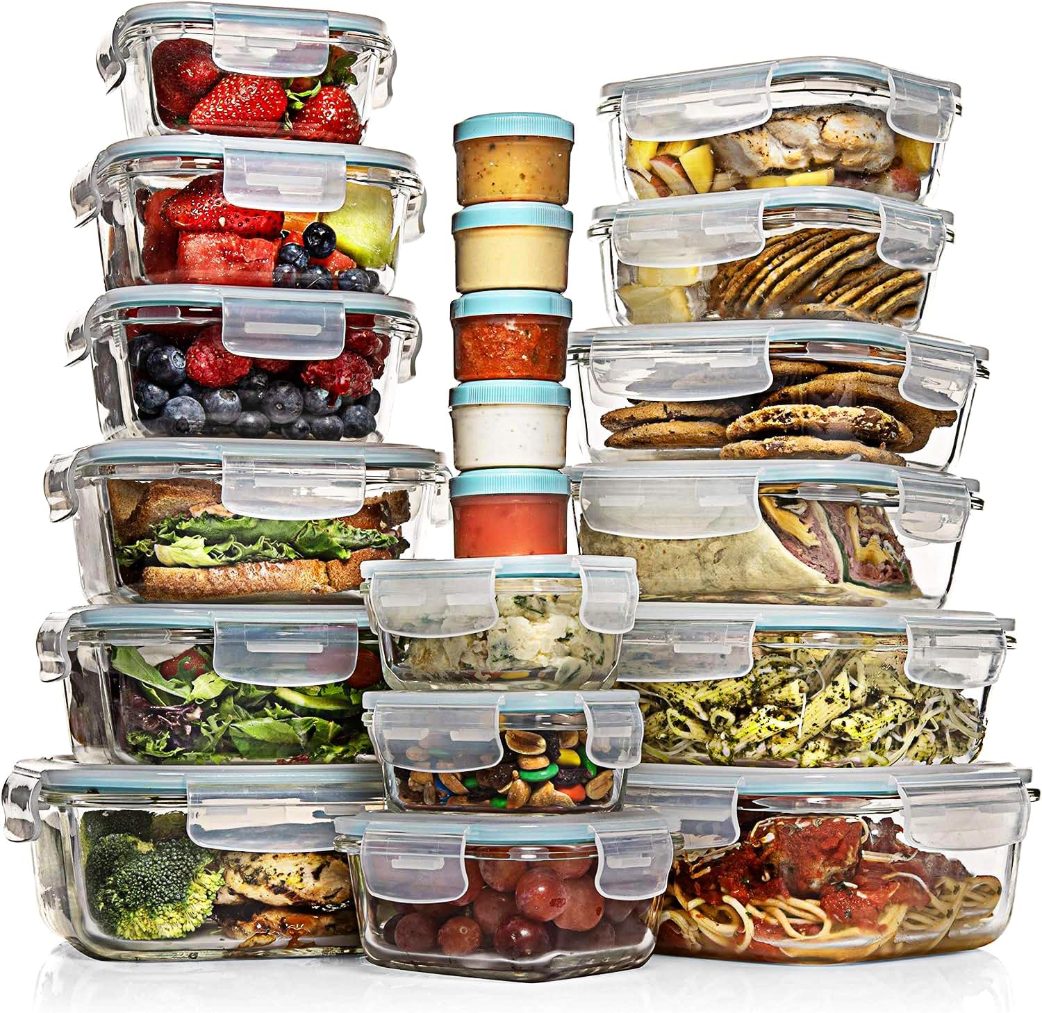 35 Pc Set Glass Food Storage Containers with Lids - Meal Prep Airtight Bento Boxes BPA-Free 100% Leak Proof (15 lids,15 glass & 5 Plastic Sauce/Dip Containers)