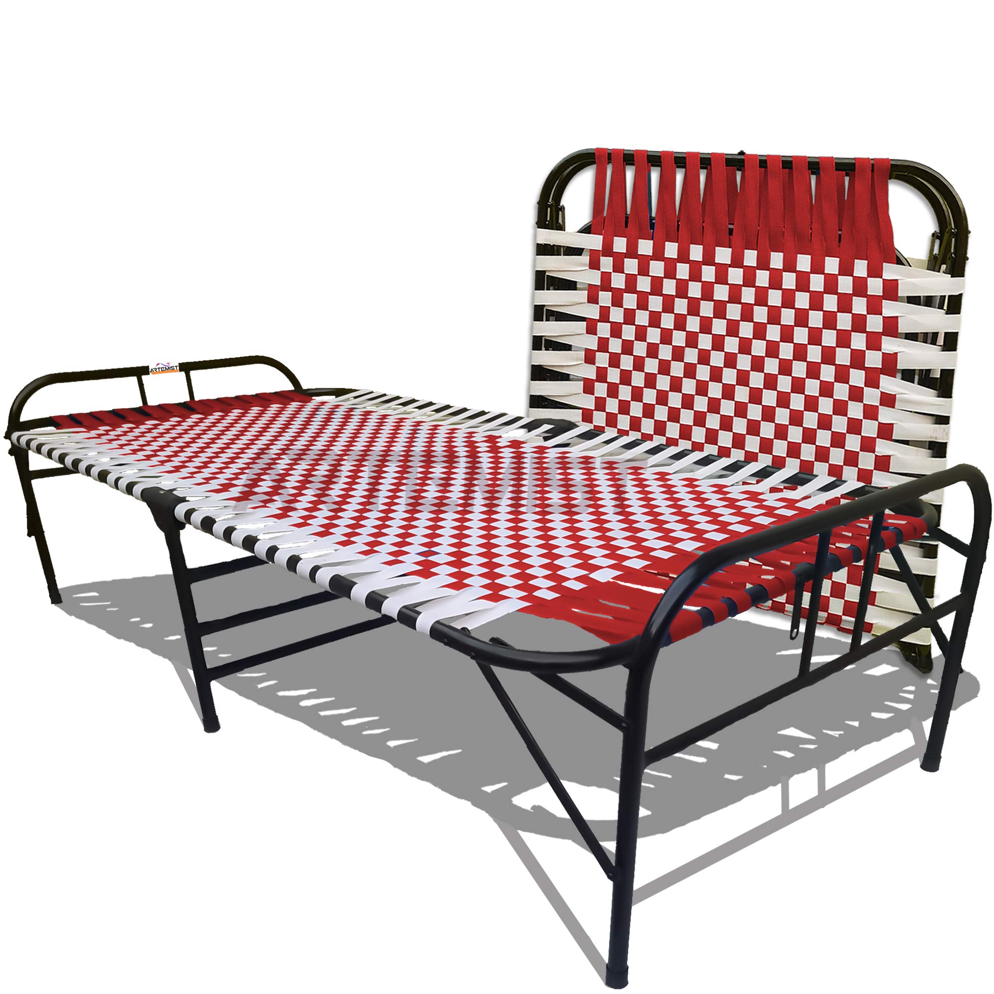 ARTEMIST Folding Picnic Cot Bed Portable Single Size Metal 6 Leg Foldable Metal cot with Smart Durable Virgin Niwar and Space Saving Unique Design 3'X6' (Red-White)-image-42