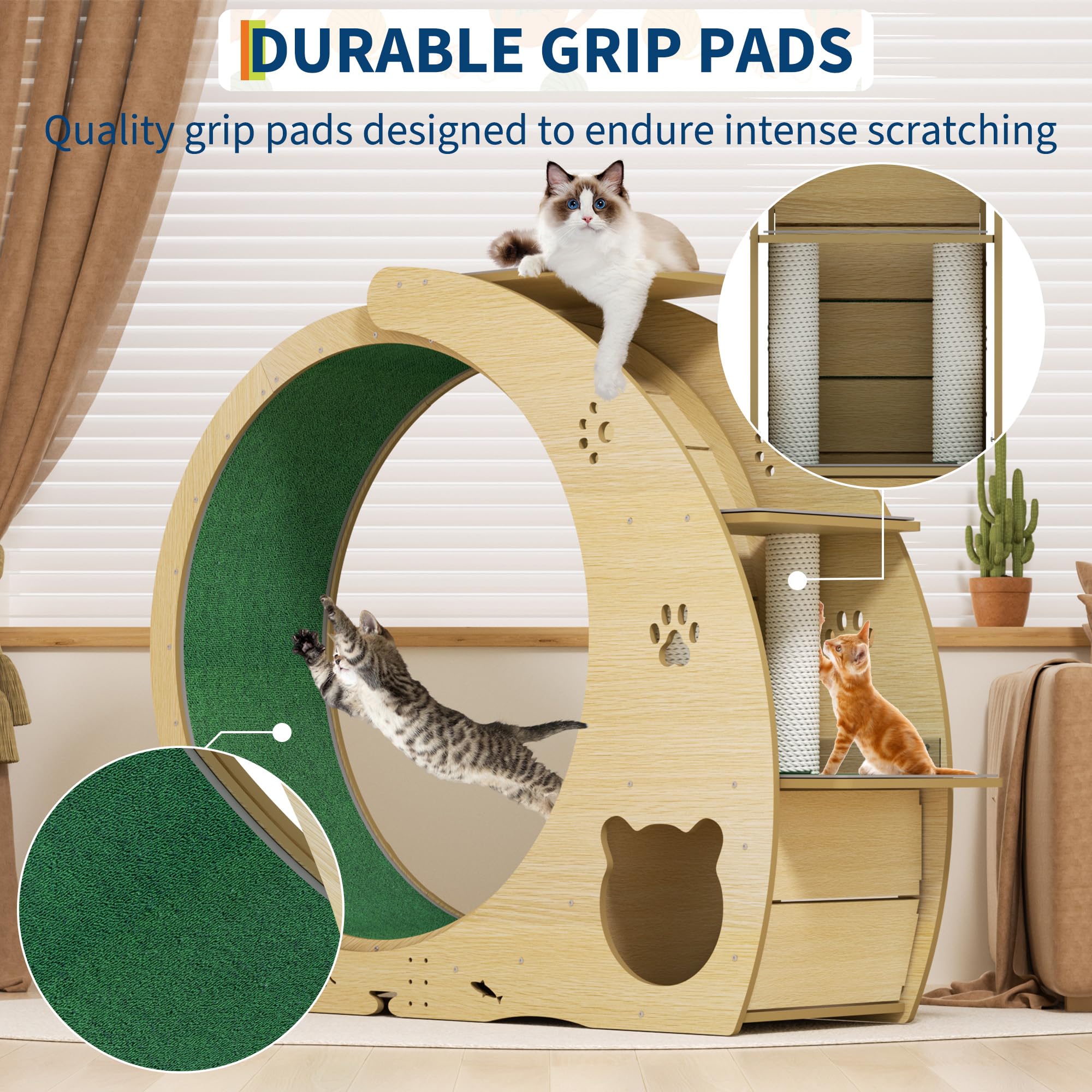 4-in-1-Katzen-Laufrad, großes Katzenlaufband, großes leises Laufrad mit Kratzunterlage und Spielrolle, stabile Holzbasis für Indoor-Katzen