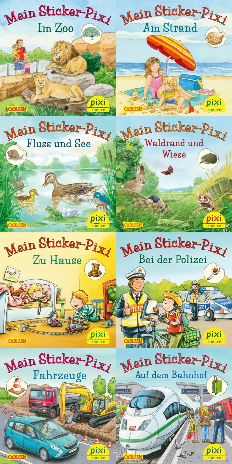 Pixi-Box 234: Pixis neue Sticker-Bücher (8x8 Exemplare) (234): Mein Sticker-Pixi - Im Zoo. Fluss und See. Zu Hause. Fahrzeuge. Am Strand. Waldrand und Wiese. Bei der Polizei. Auf dem Bahnhof