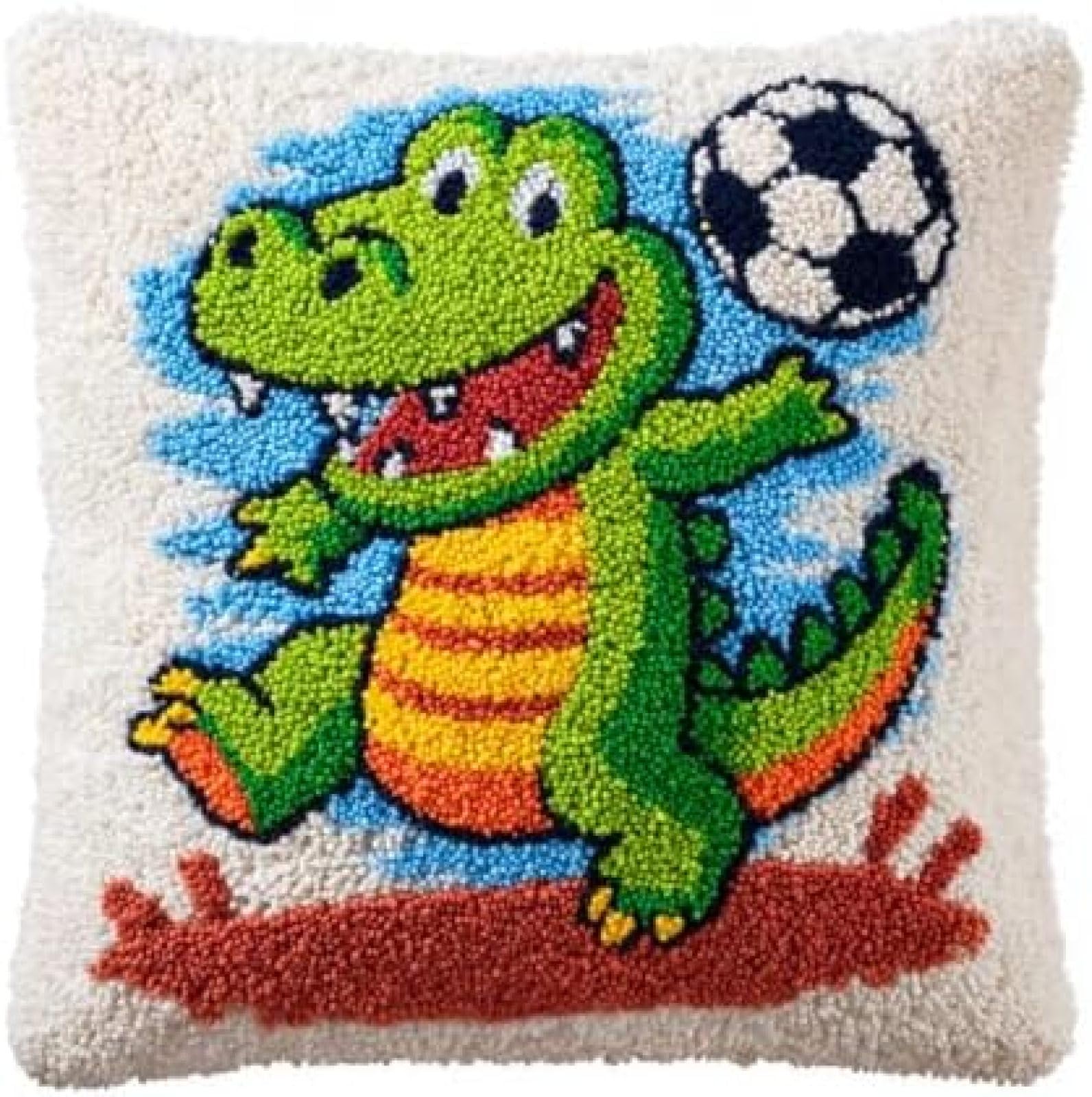 kitphoenix Pre-Printed Latch Hook Cushion Cover Kit for Adults,Animal Alligator Playing Soccer,DIY Pillow Cover Craft Set with Yarn and Hook,43x43 cm