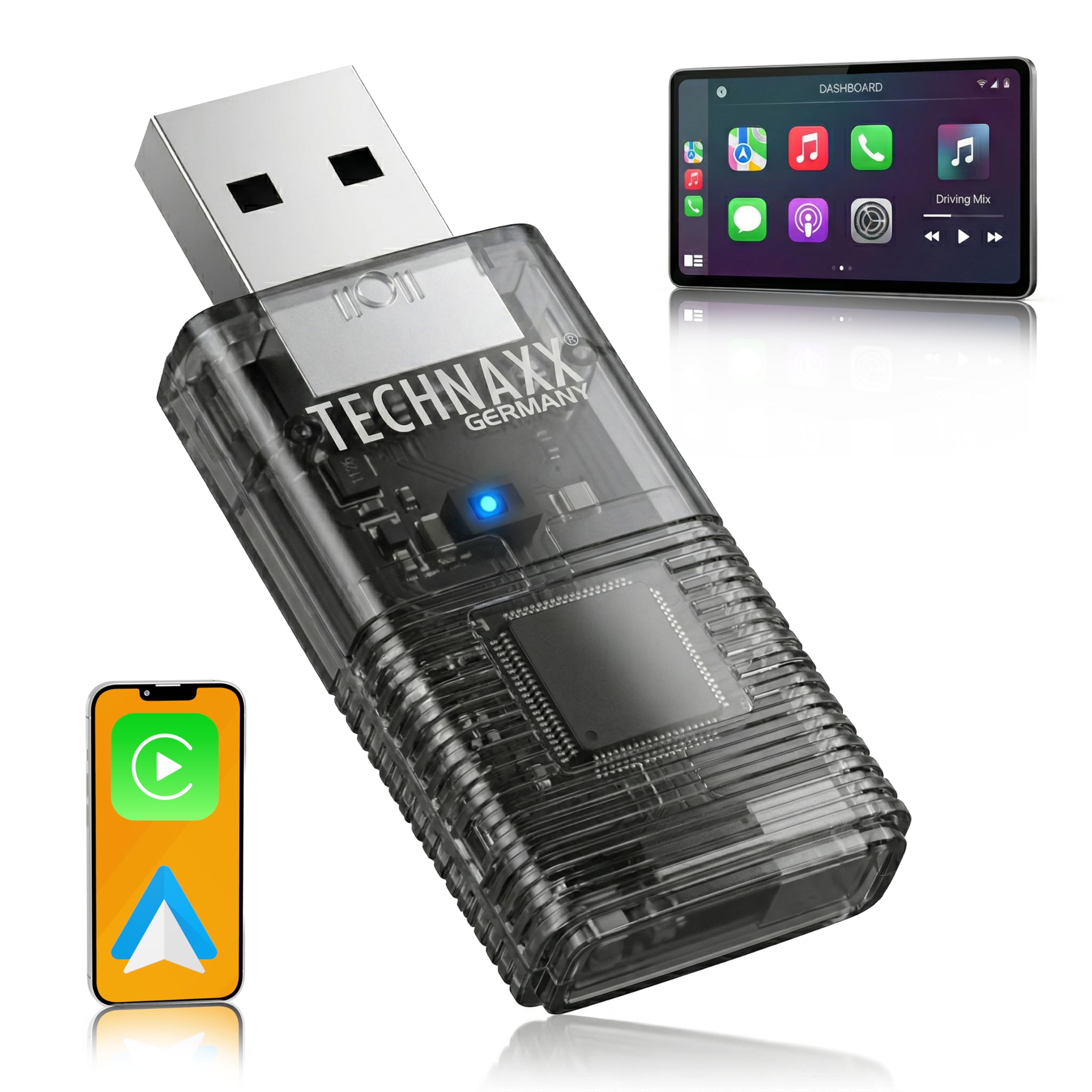 Technaxx Adaptateur CarPlay & Android Auto sans Fil – Conversion de Filaire vers sans Fil, WiFi 2,​4/​5GHz & Bluetooth 4.2, Plug & Play avec Adaptateur USB-​C & 90° – TX-​346
