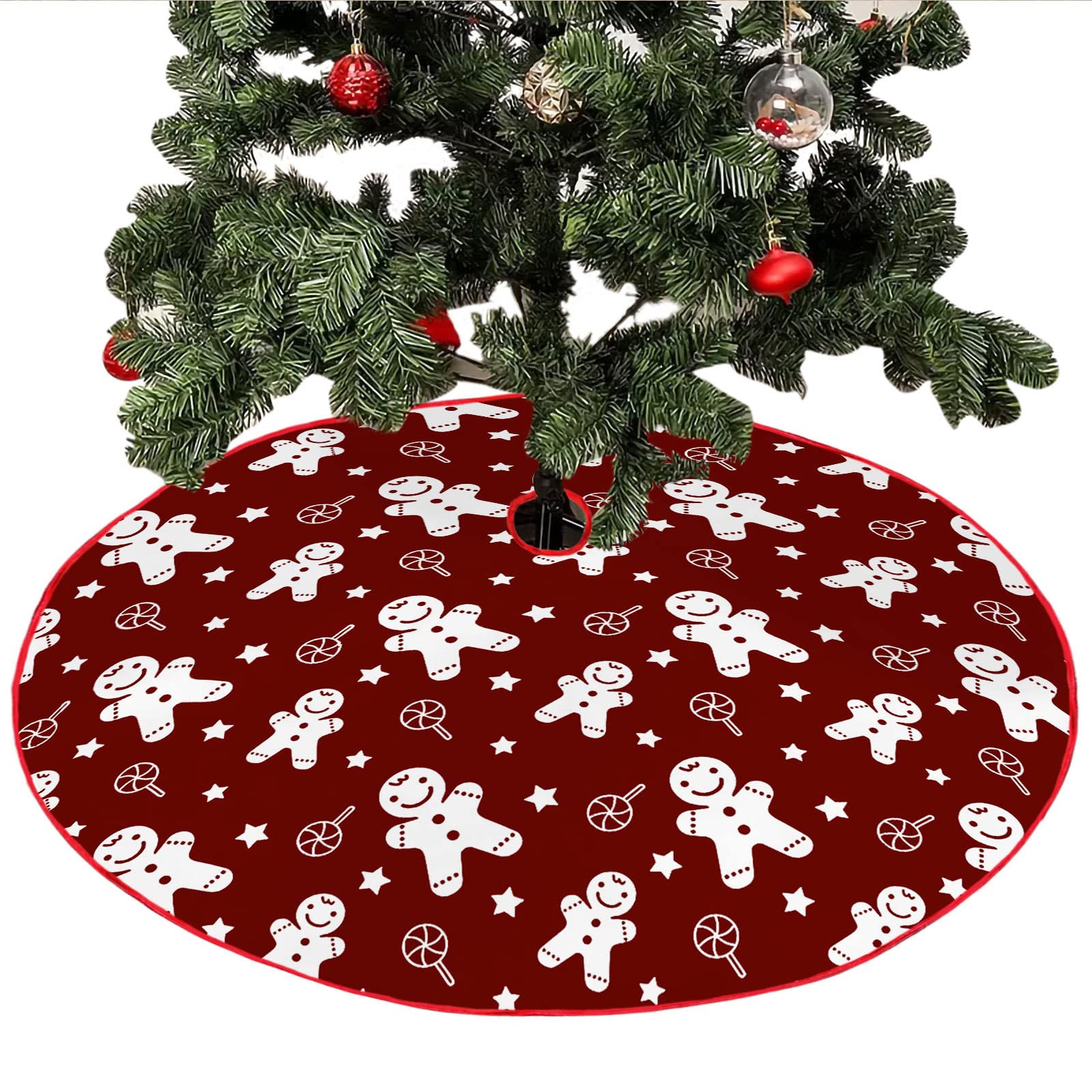 Mateju Gingerbread Christmas Tree Skirt Red Snowflake 28/36/48 Inch, Xmas Tree Skirt Soft Plush Base Floor Mat Cover Christmas Party Decorations Festive Holiday Design (,48Inch)
