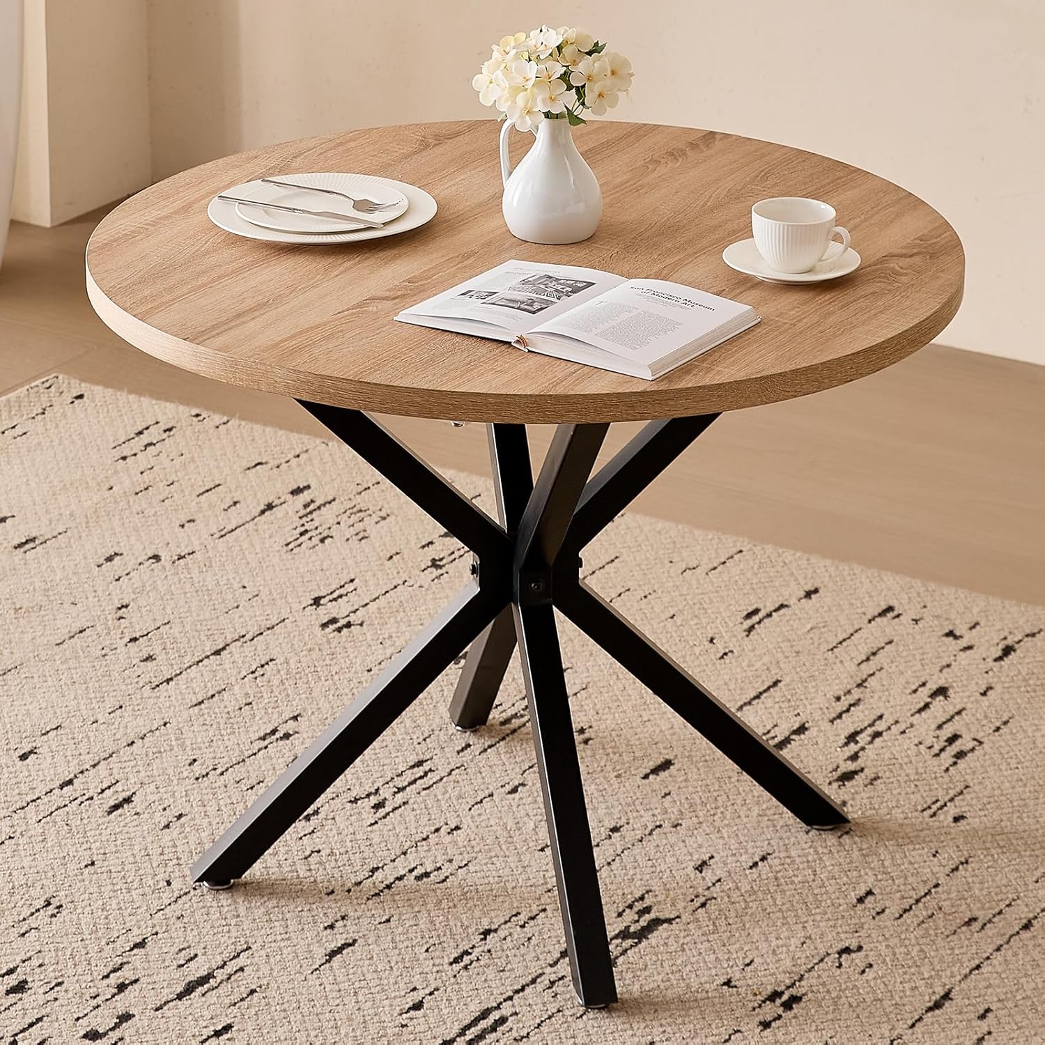 39 Inch Round Dining Table [Metal Cross Legs] Mid-Century Kitchen Leisure Table for 4 Person for Apartment Living Room Space Saving, Natural