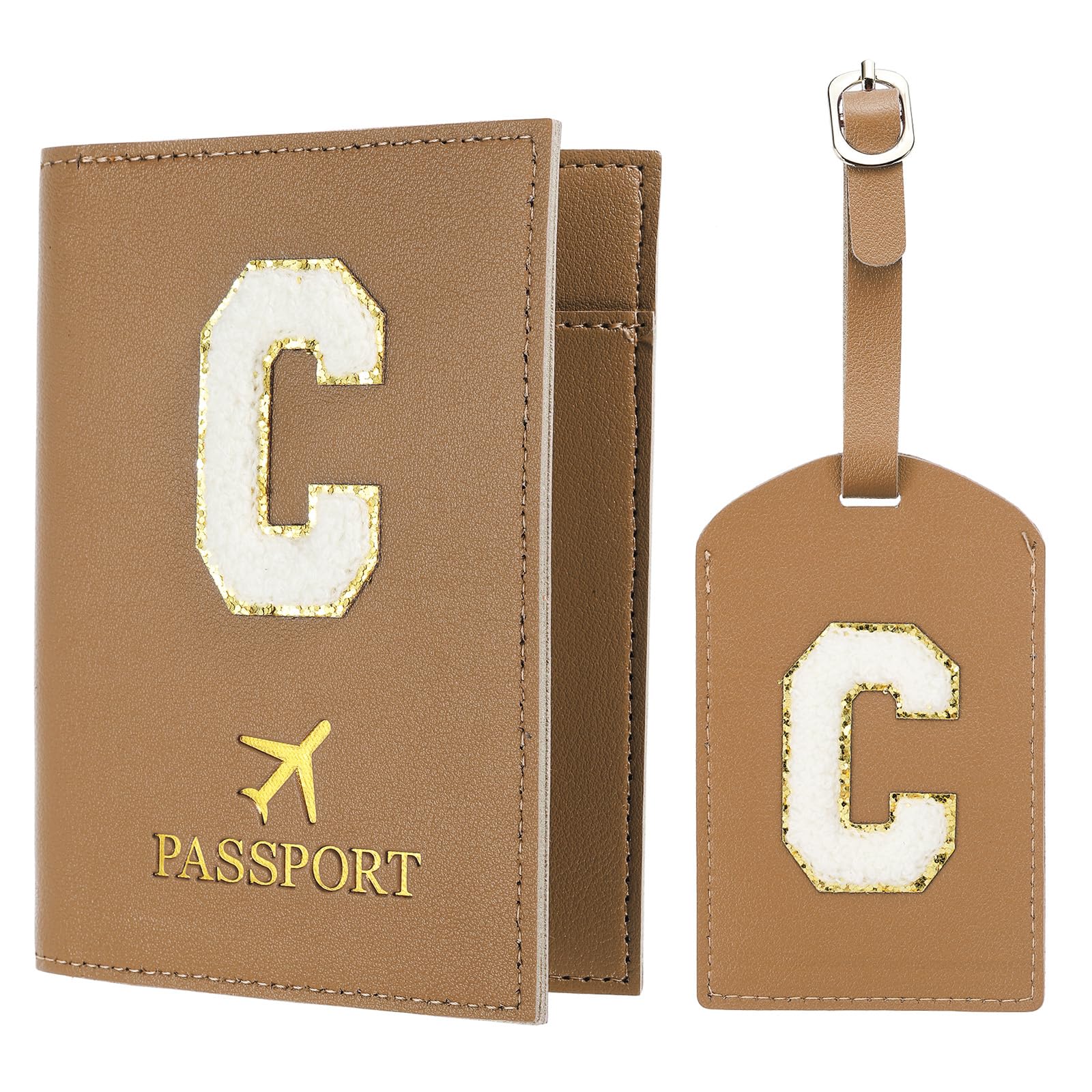 Passport Holder for Travel, Initial Passport Cover and Luggage Tag Set with Alphabet Chenille Letter Patch Travel Wallet Bag Suitcase Identifier for Women Family Travel Brown C, Brown, Modern-image-41