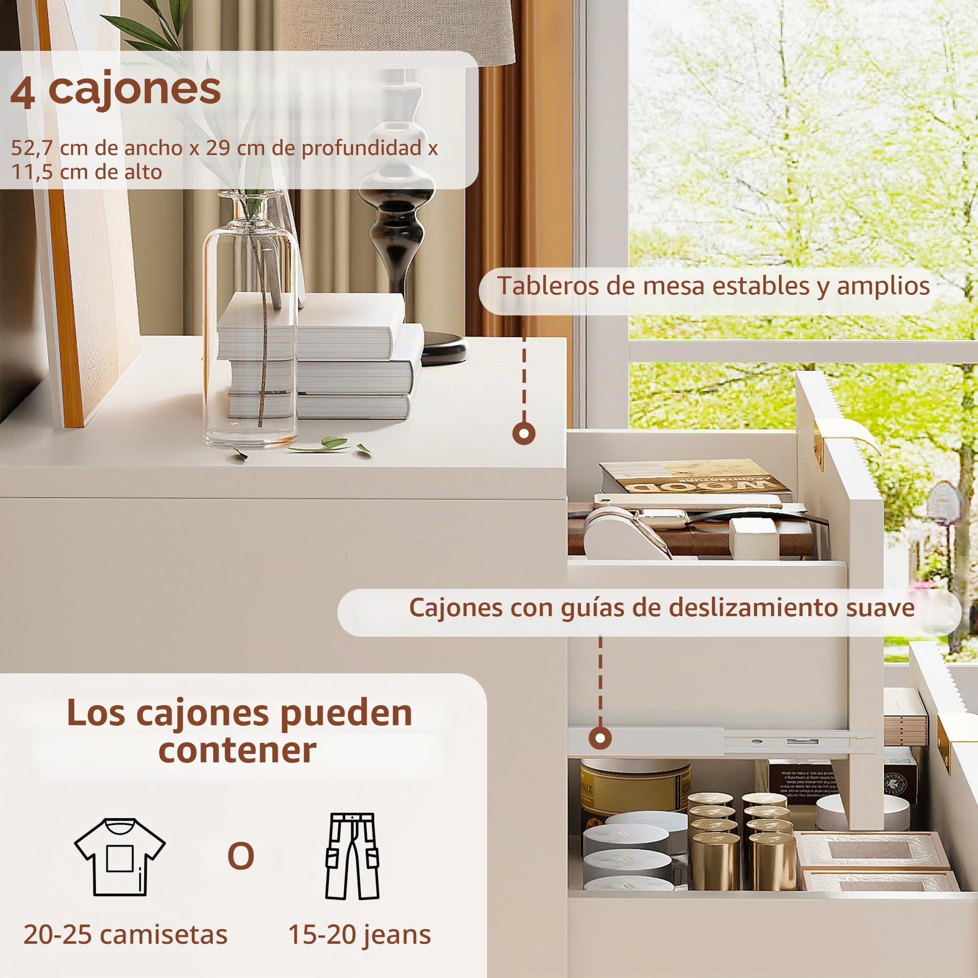 Cómoda blanca con 4 cajones, cómoda para dormitorio adulto, mueble de almacenamiento de madera, tocador, aparador de almacenamiento, mueble cajón para pasillo, dormitorio, salón, cuarto de