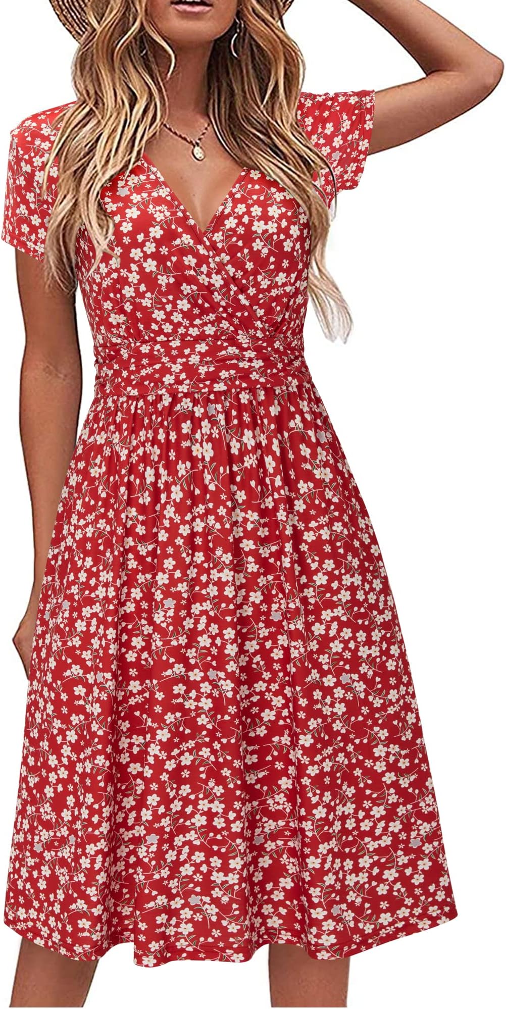 Women's Summer Dress Short Sleeve V-Neck Sundress Floral Wrap Waist Casual Dress with Pockets