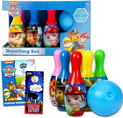 Paw Patrol Toys Games Activities Bundle for Toddlers, Kids - 4 Pc Paw Patrol Bowling Set with Tattoos and More (Paw Patrol Playset)
