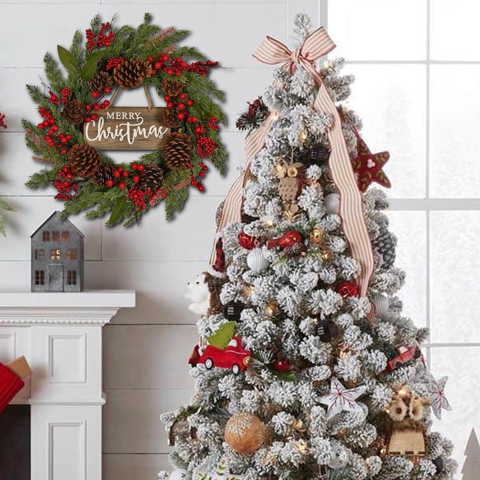 Couronne De Porte De Noël 50 Cm Décoration D'Intérieur Artificielle avec | Couronne De Noël À Baies Rouges Pour Fête Vacances Anniversaire Bureau Maison Chambre Appartement
