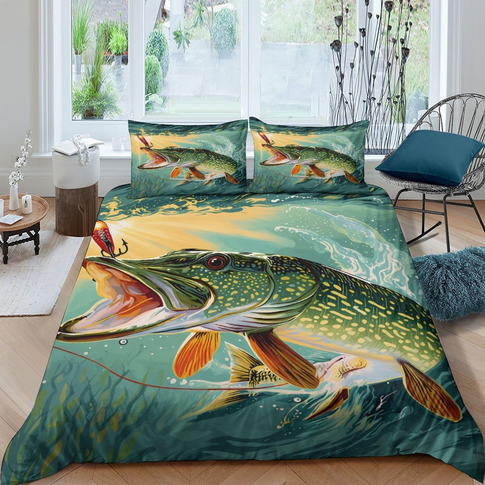 Ctjqhvkz Style-5 3D Printed Fish Hunting Fitted Sheet Microfiber Soft Breathable Pike Lake Bed Cover For Bedroom Dorm Decor Mattress Protection Single（135X200cm）
