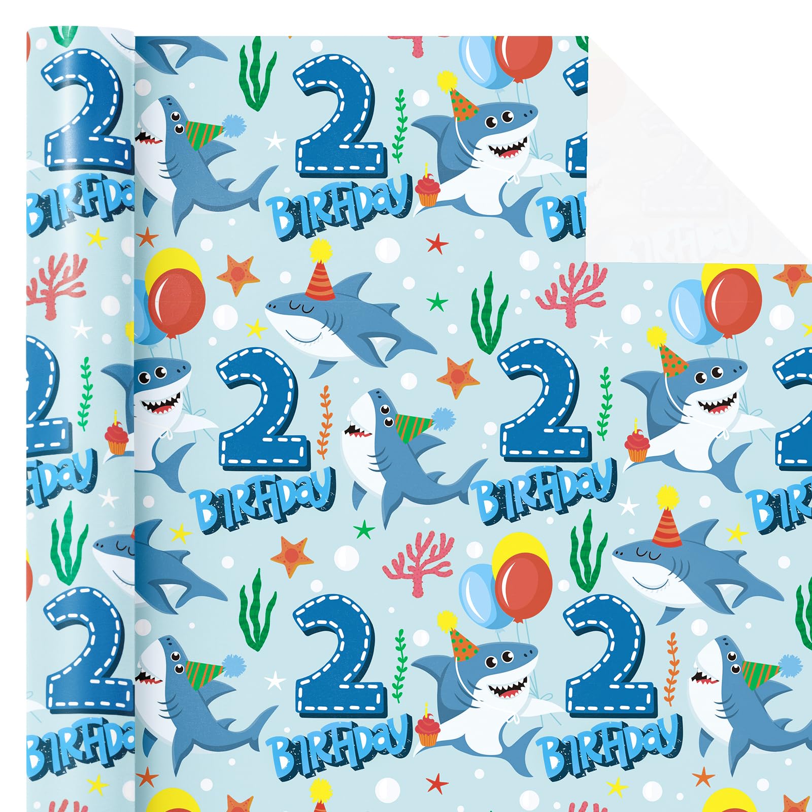 WRAPAHOLIC Rollo de papel de regalo de segundo cumpleaños – Mini rollo – 17 pulgadas x 16.5 pies – Papel de regalo colorido de tiburón océano perfecto para cumpleaños de niños, baby shower