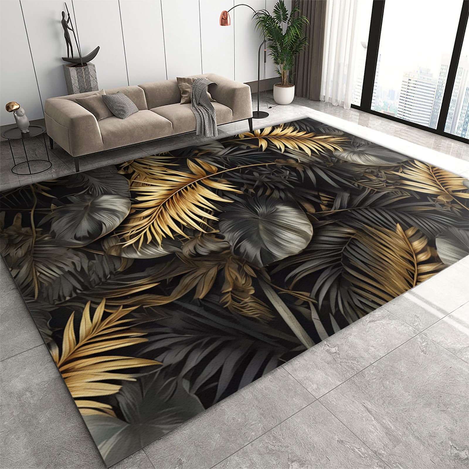 Light Luxury Black Gold Tropical Plant Area Rugs, Palm Leaf Banana Leaf Rug, Entryway Rug Anti-Slip Machine Washable for Living Room Under Dining Table Bedroom Pet Friendly Floor Mat-180 x 240 cm