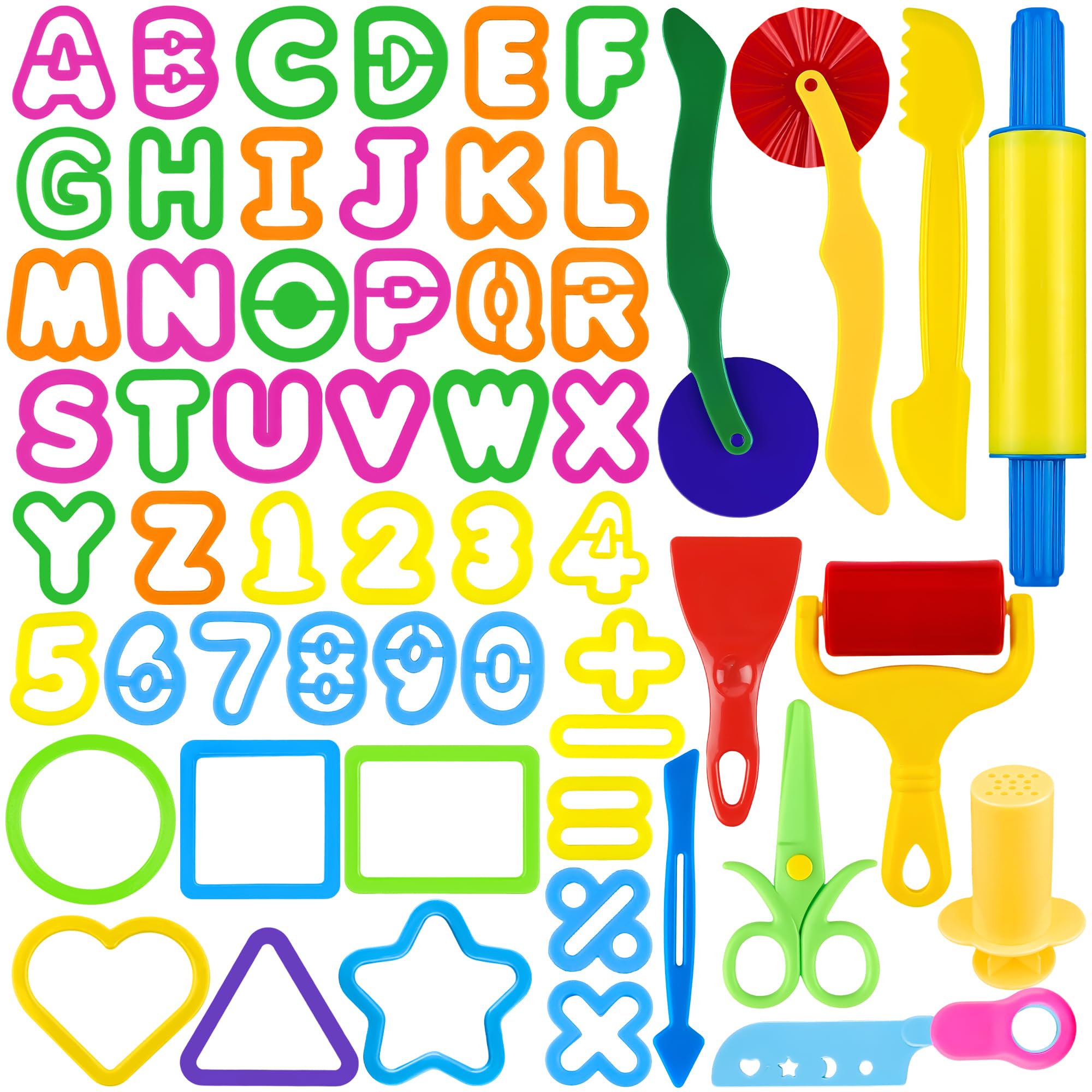 Oun Nana Playdough Tools Set 57 PCS Plastic Playdough Toys Accessories with Play Dough Alphabet Letters and Numbers Cutters, Rolling pin, Rollers, Dough Extruder, Safety Scissors, Plastic Knife