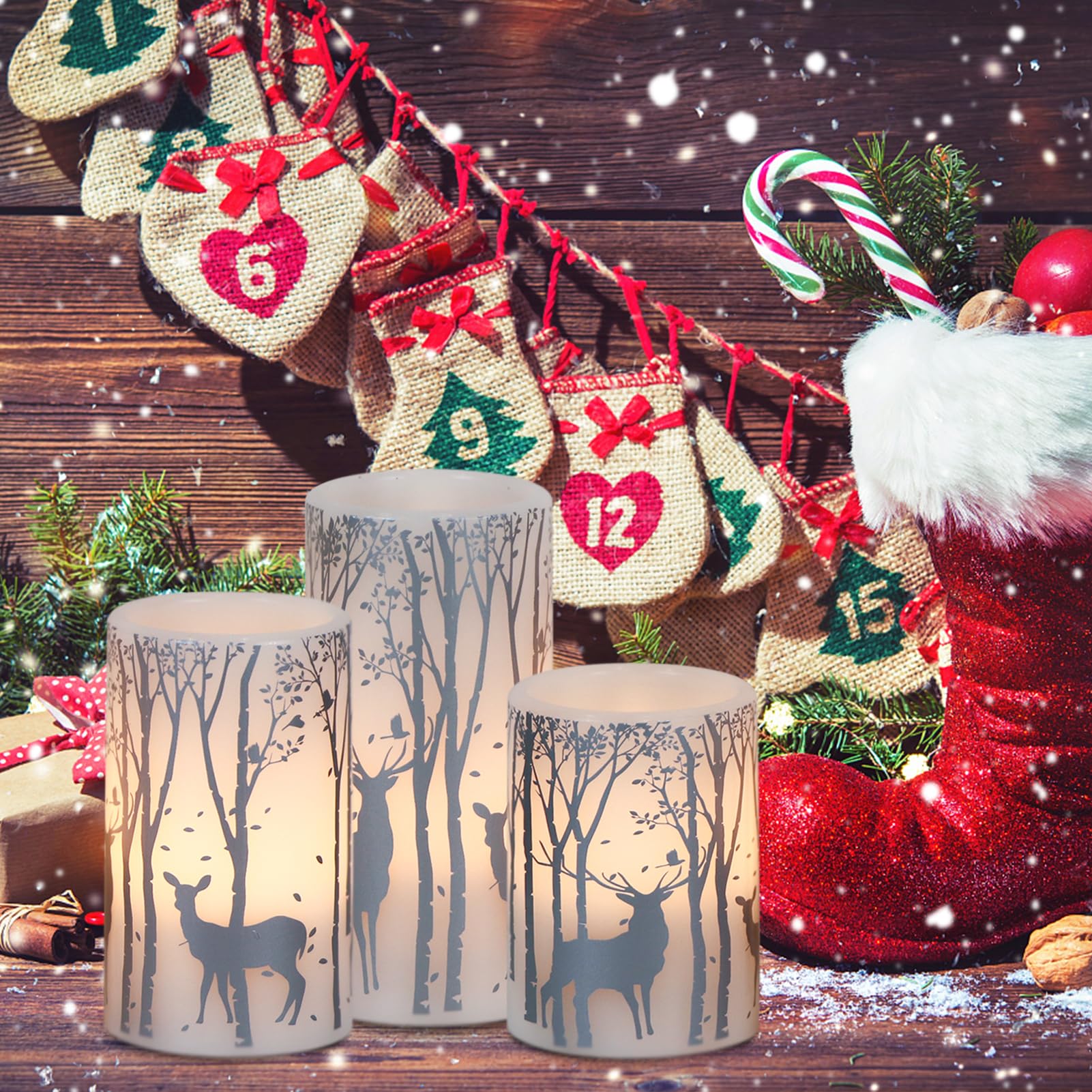 Candele tremolanti senza fiamma a forma di cervo argentato, funzionamento a batteria con timer 6H, confezione da 3 candele a colonna in vera cera a luce calda, a LED, decorazione per cena,