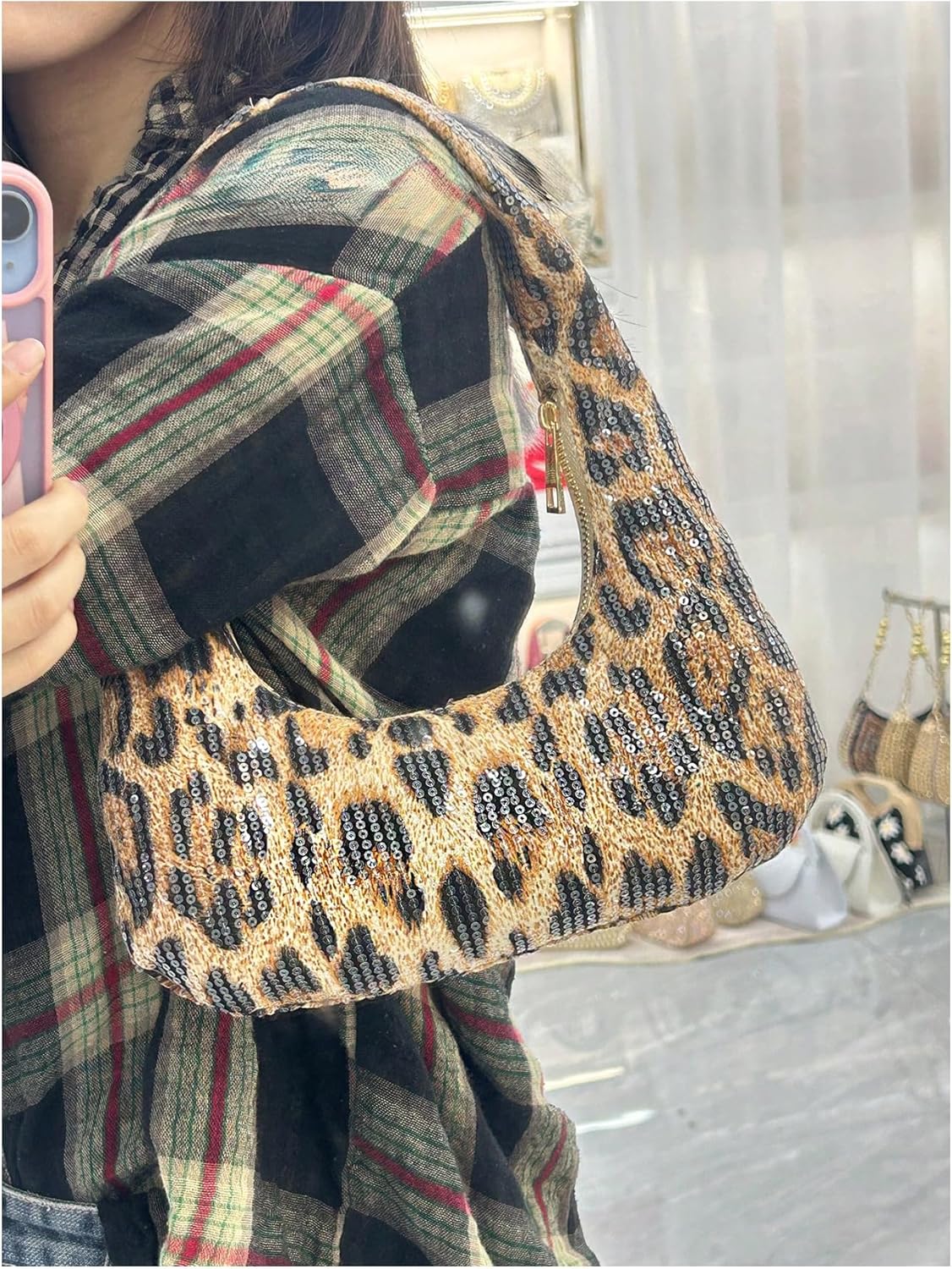 QWINEE Women's Y2K Leopard Underarm Bag Sparkly Sequin Zipper Shoulder Handbags Vintage Purses - Image 2
