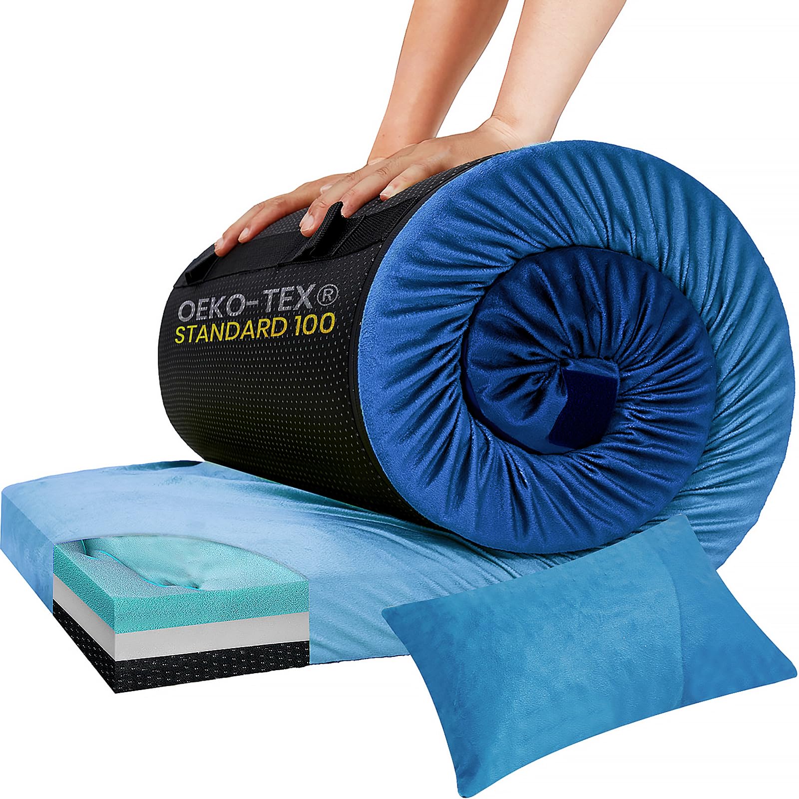 Memory Foam Camping Pad, Waterproof Sleeping Pad for Adults, Roll Up Floor Mattress for Indoor/Outdoor Use, Ideal for Side Sleepers and Guests